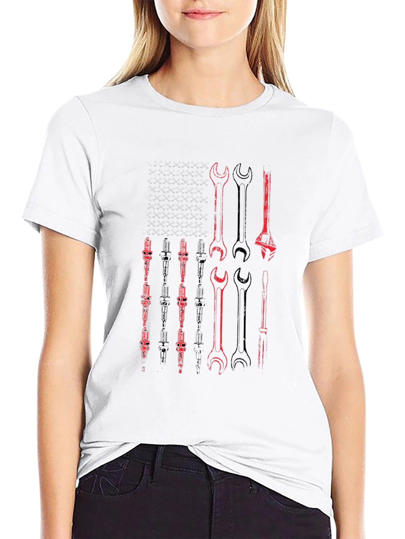 Black Mechanic Tool American Flag Graphic T-Shirt view 9