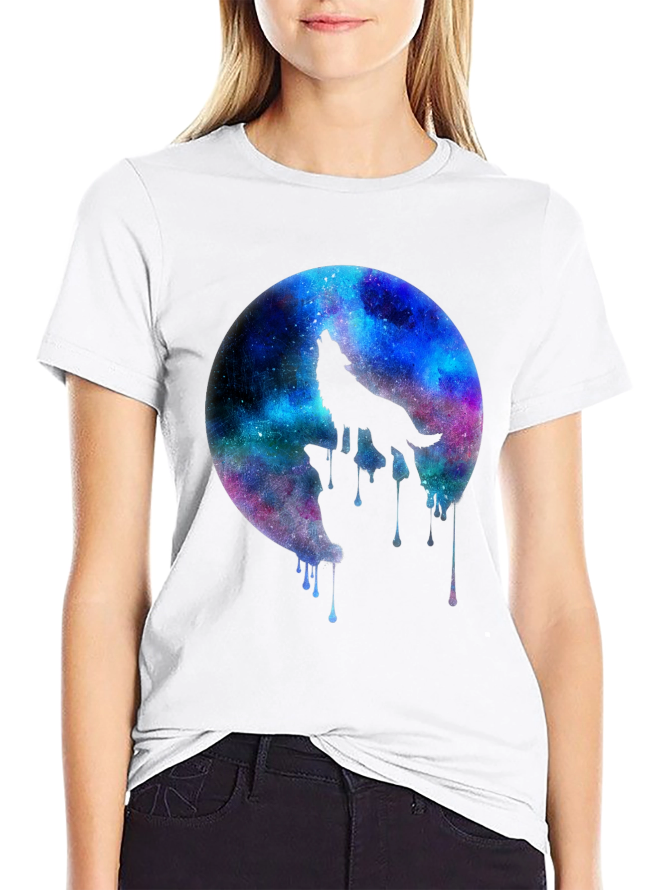 Black Galaxy Wolf Howl Black T-Shirt view 9