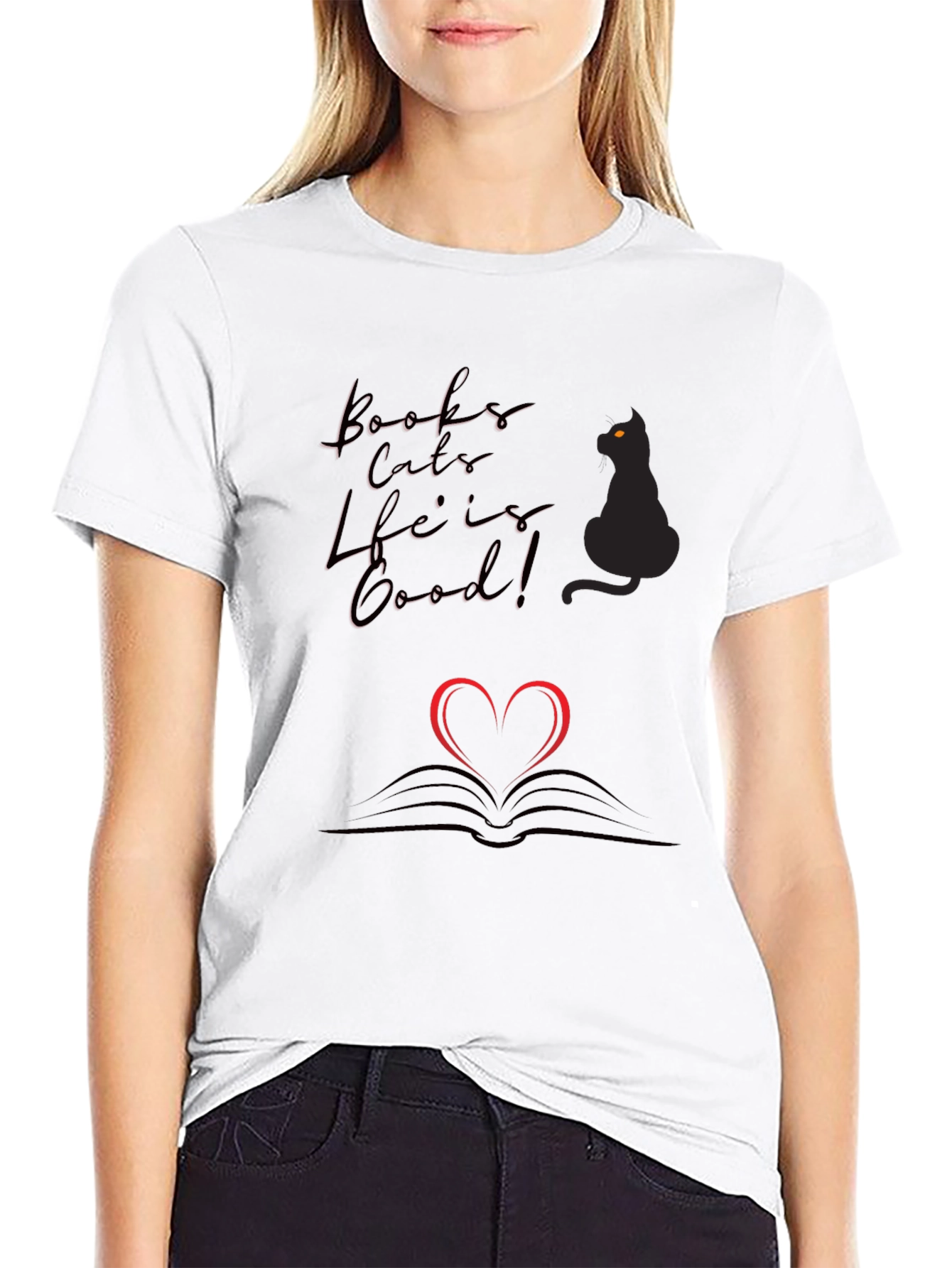 Black Books Cats Life is Good Black T-Shirt view 9