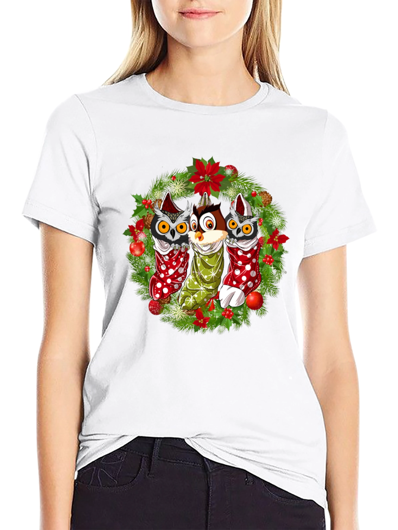Black Christmas Owl T-Shirt Festive Holiday Design view 9