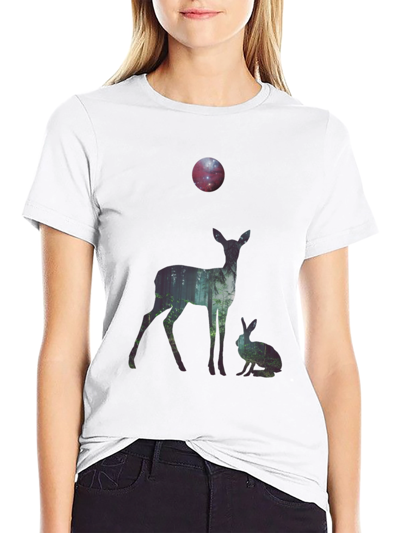 Black Nature Deer and Rabbit Graphic Print T-Shirt view 9
