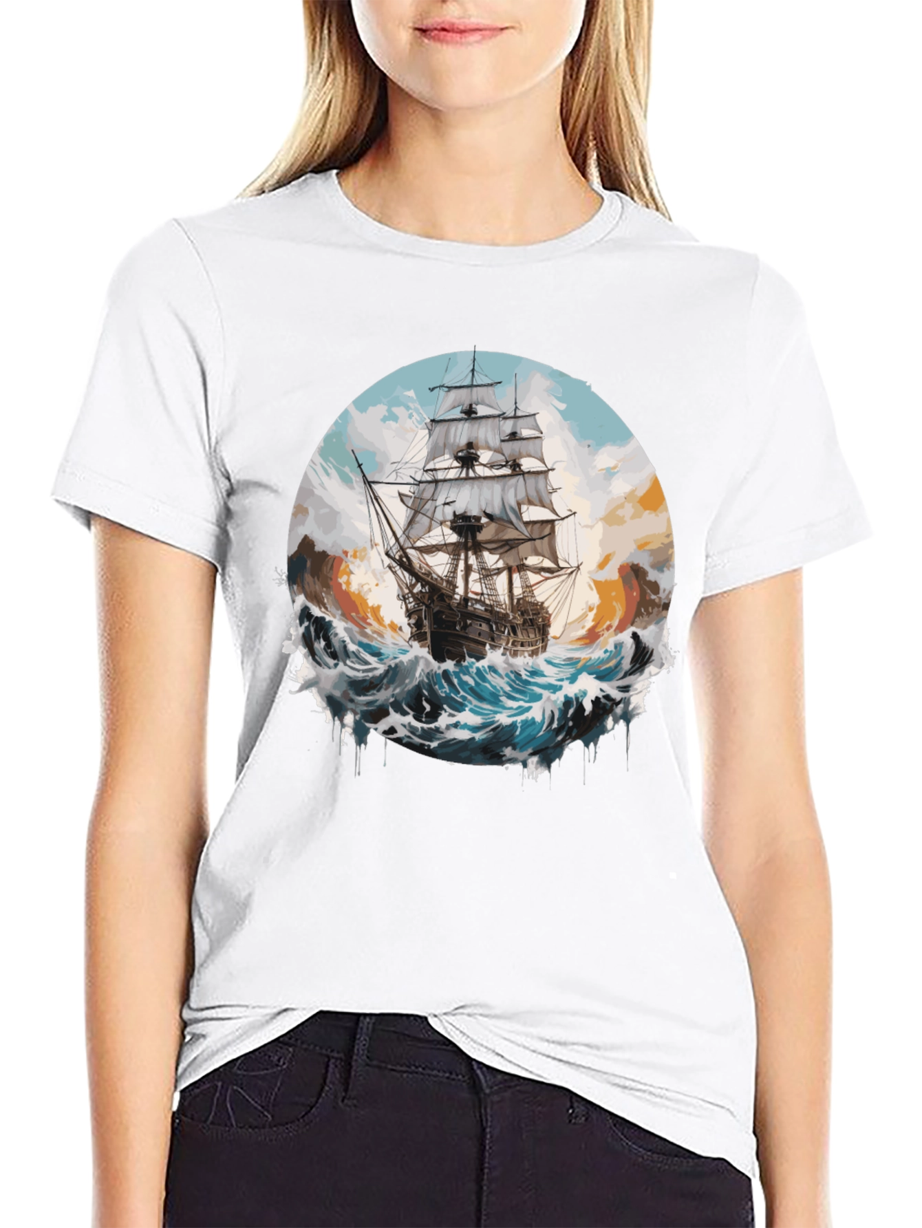 Black Sailing Ship Graphic Tee - Black Cotton Crew Neck view 9