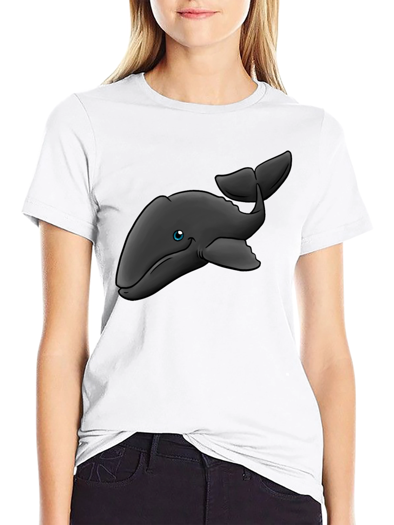 Black Cartoon Whale T-Shirt - Black Cotton Tee view 9