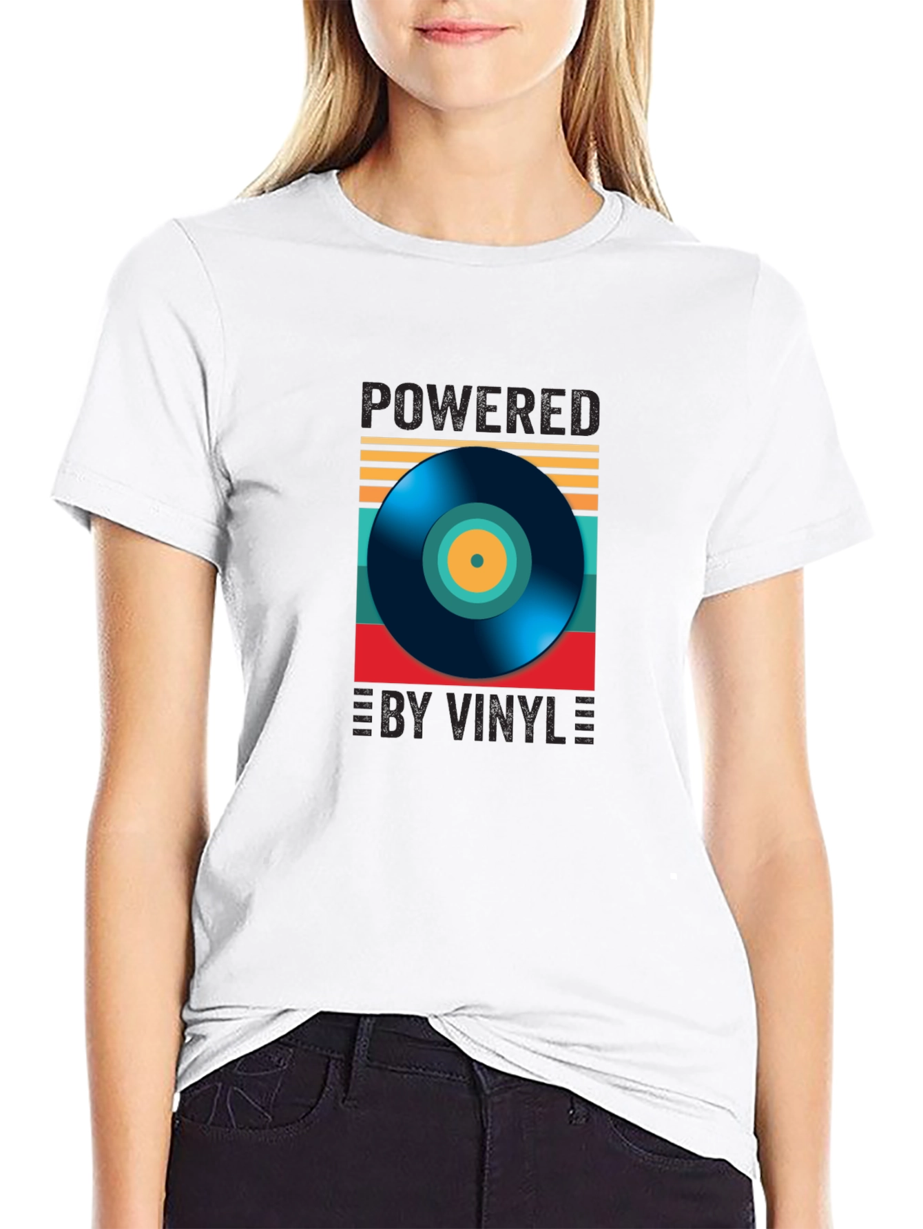 Black Powered by Vinyl Graphic Tee - Retro Music Lover Shirt view 9