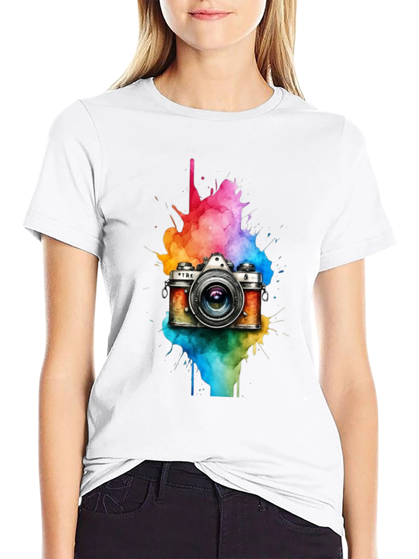 Black Vintage Camera Watercolor Graphic Tee view 9