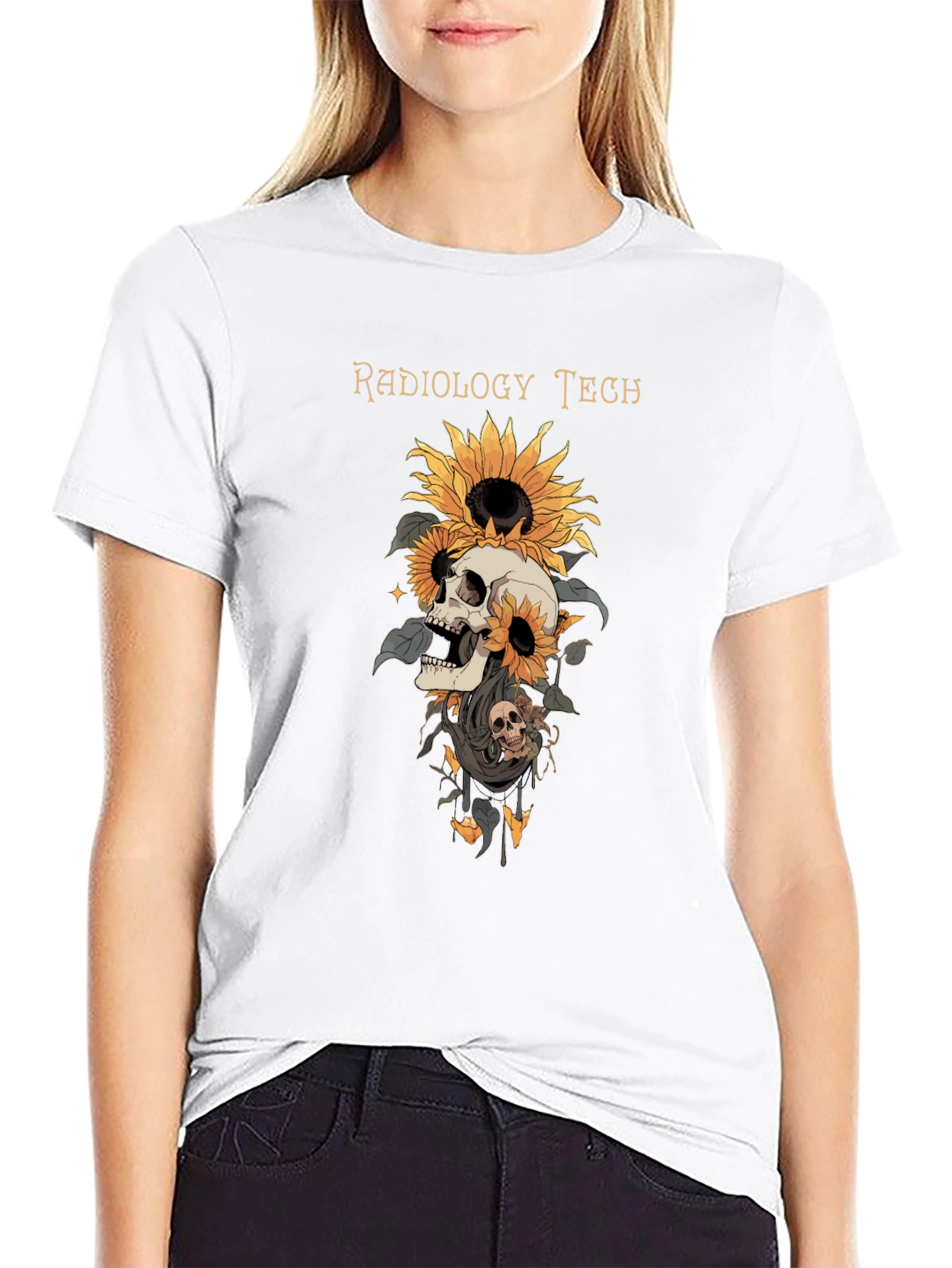 Black Radiology Tech Skull Sunflower Graphic Tee view 9