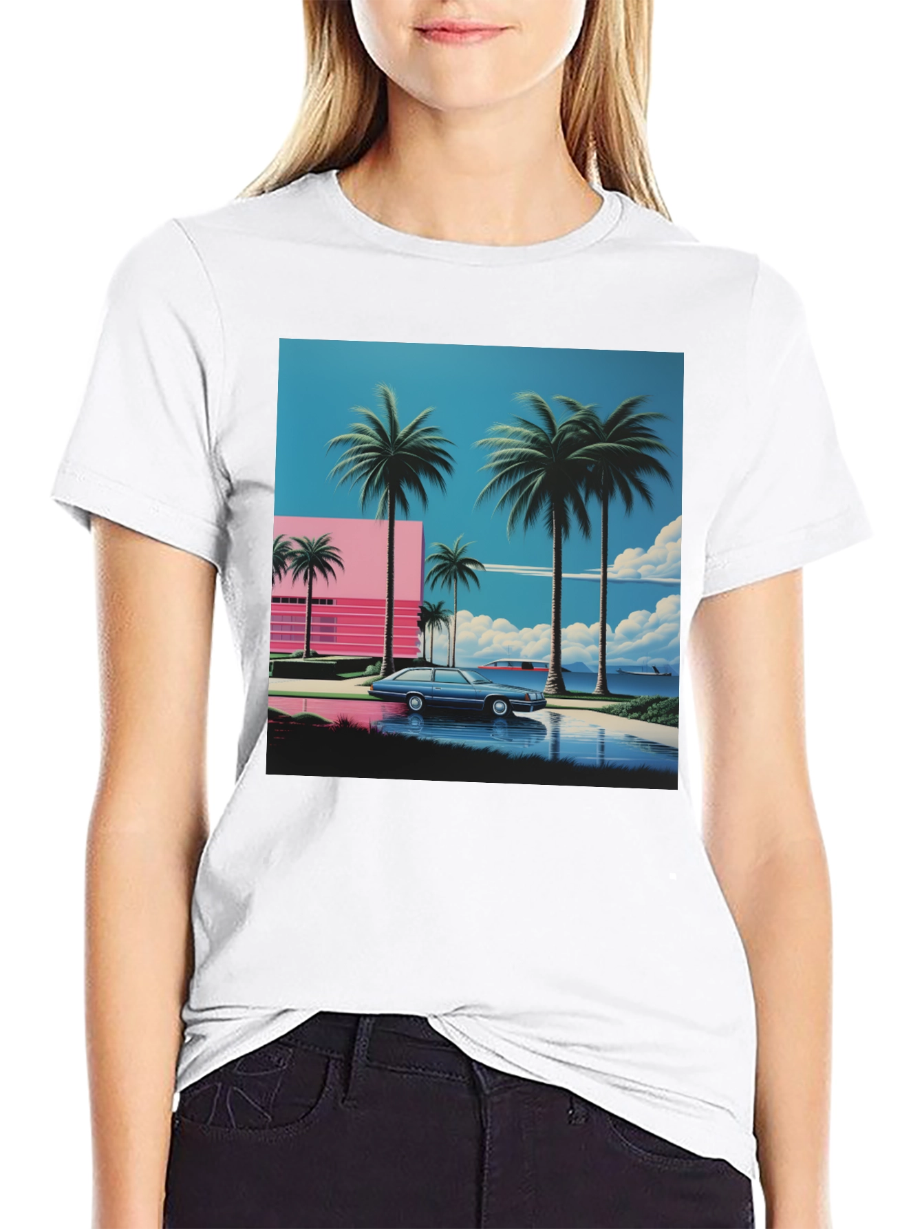 Black Miami Vice Style T-Shirt, Retro Car & Palms view 9