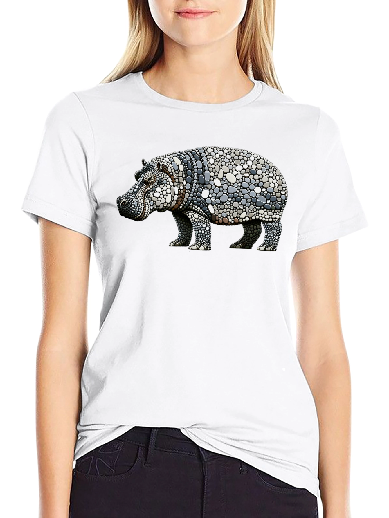 Black Hippo Pebble Art Graphic Tee - Black Cotton Shirt view 9