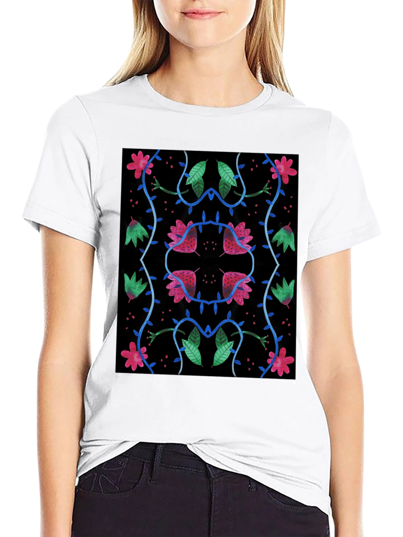 Black Floral Pattern Black T-Shirt view 9
