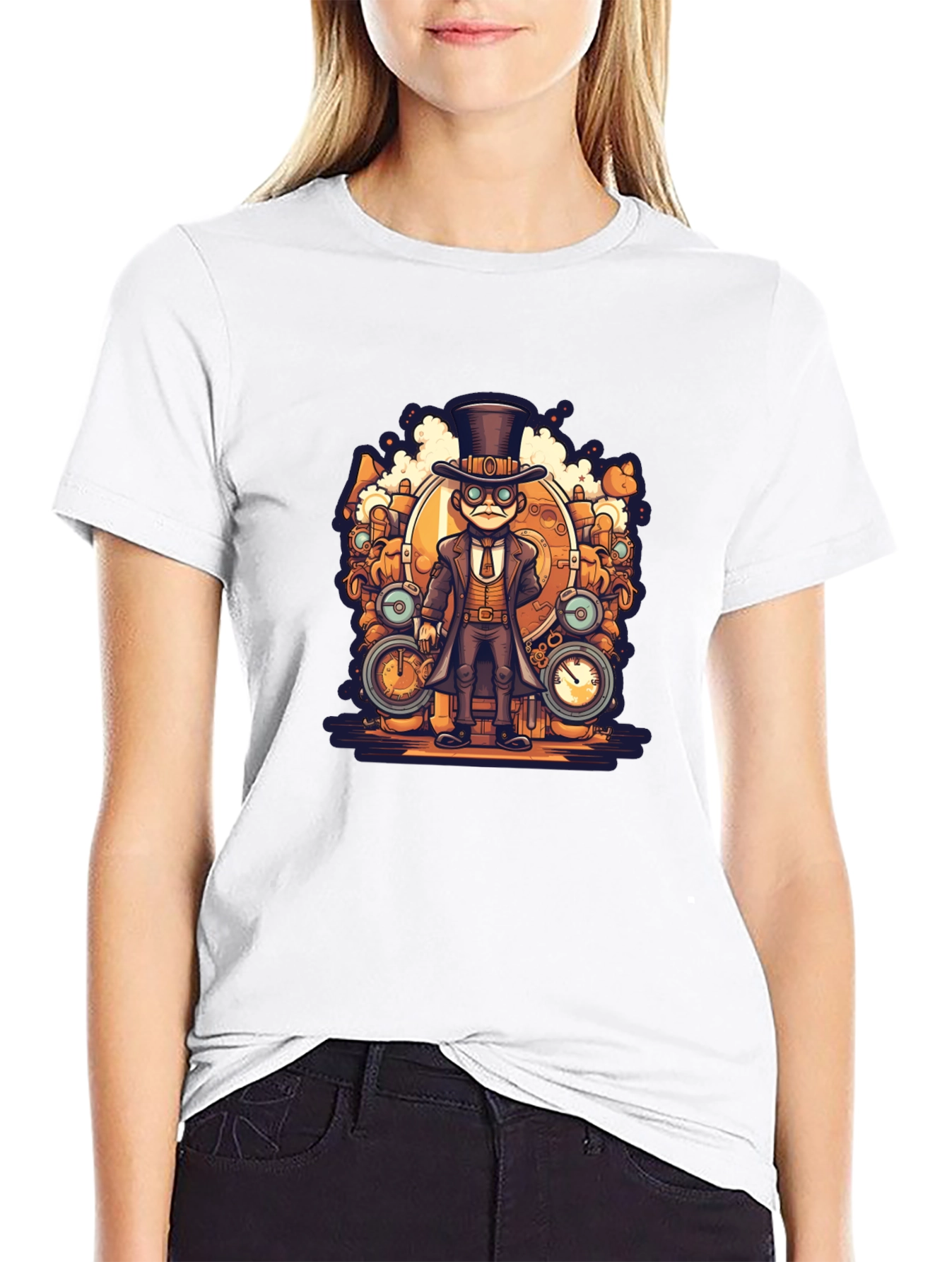 Black Steampunk Cartoon Black T-Shirt view 9