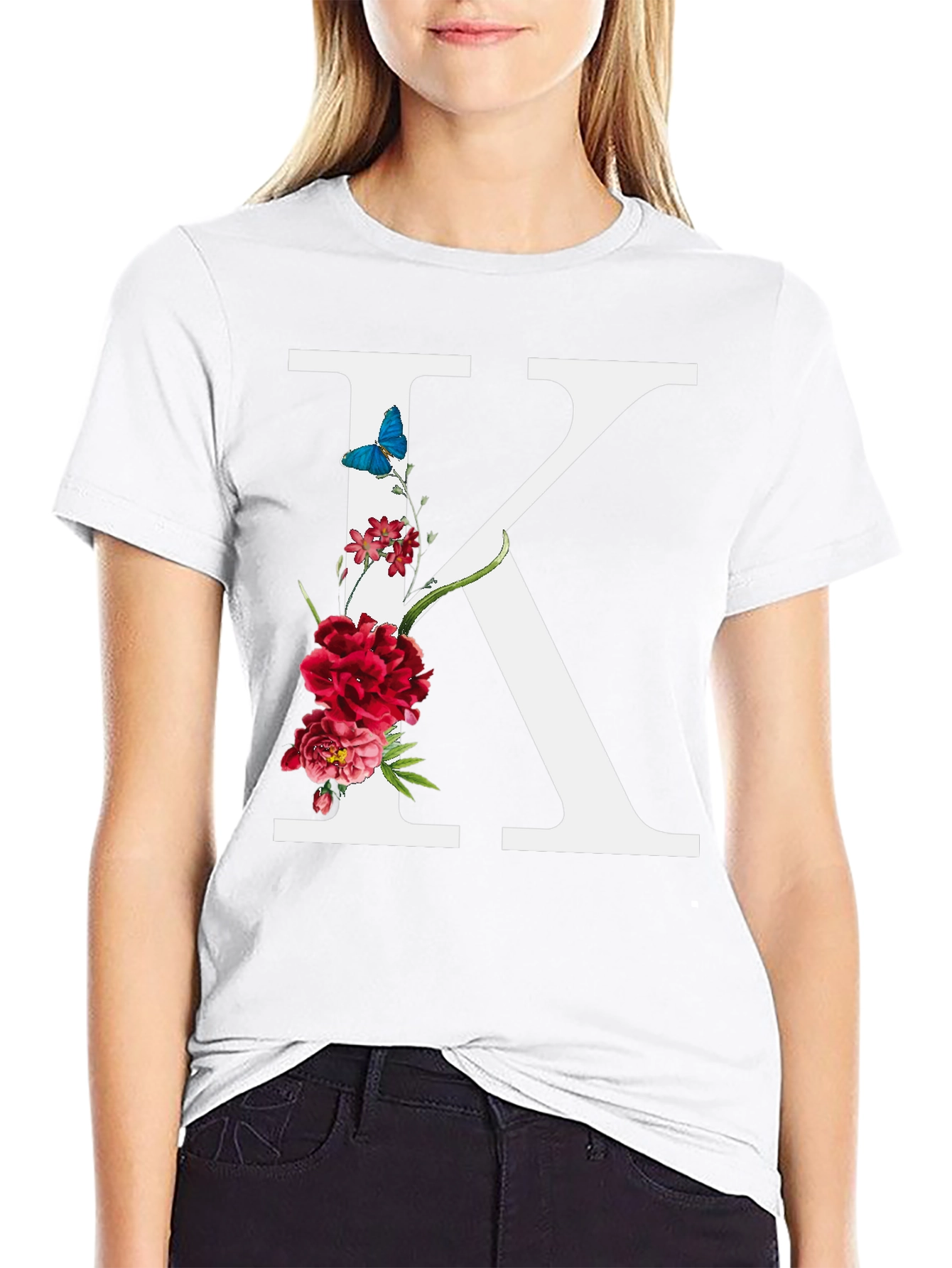 Black Floral Letter K Black T-Shirt view 9