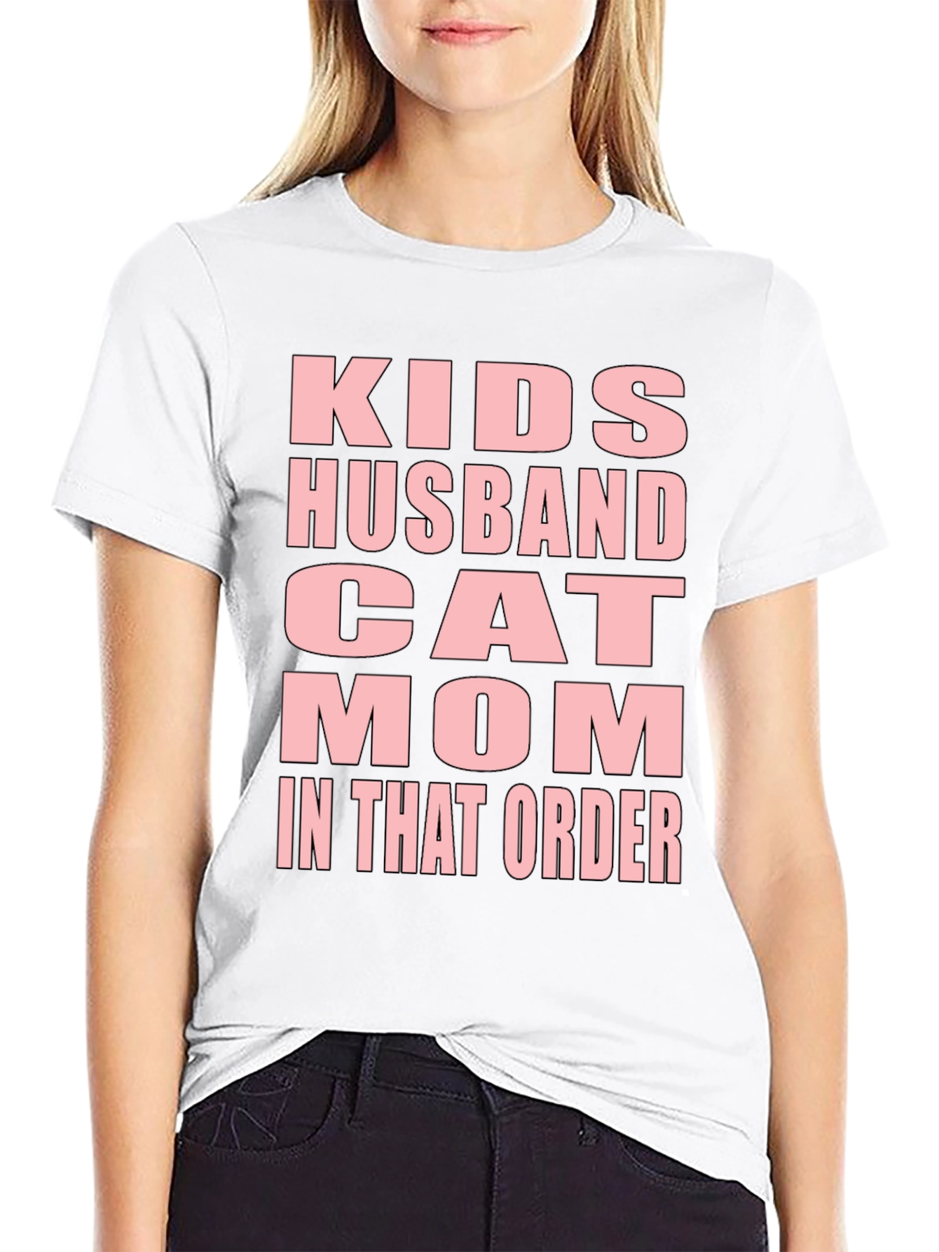Black Funny "Kids Husband Cat Mom" Black T-Shirt view 9
