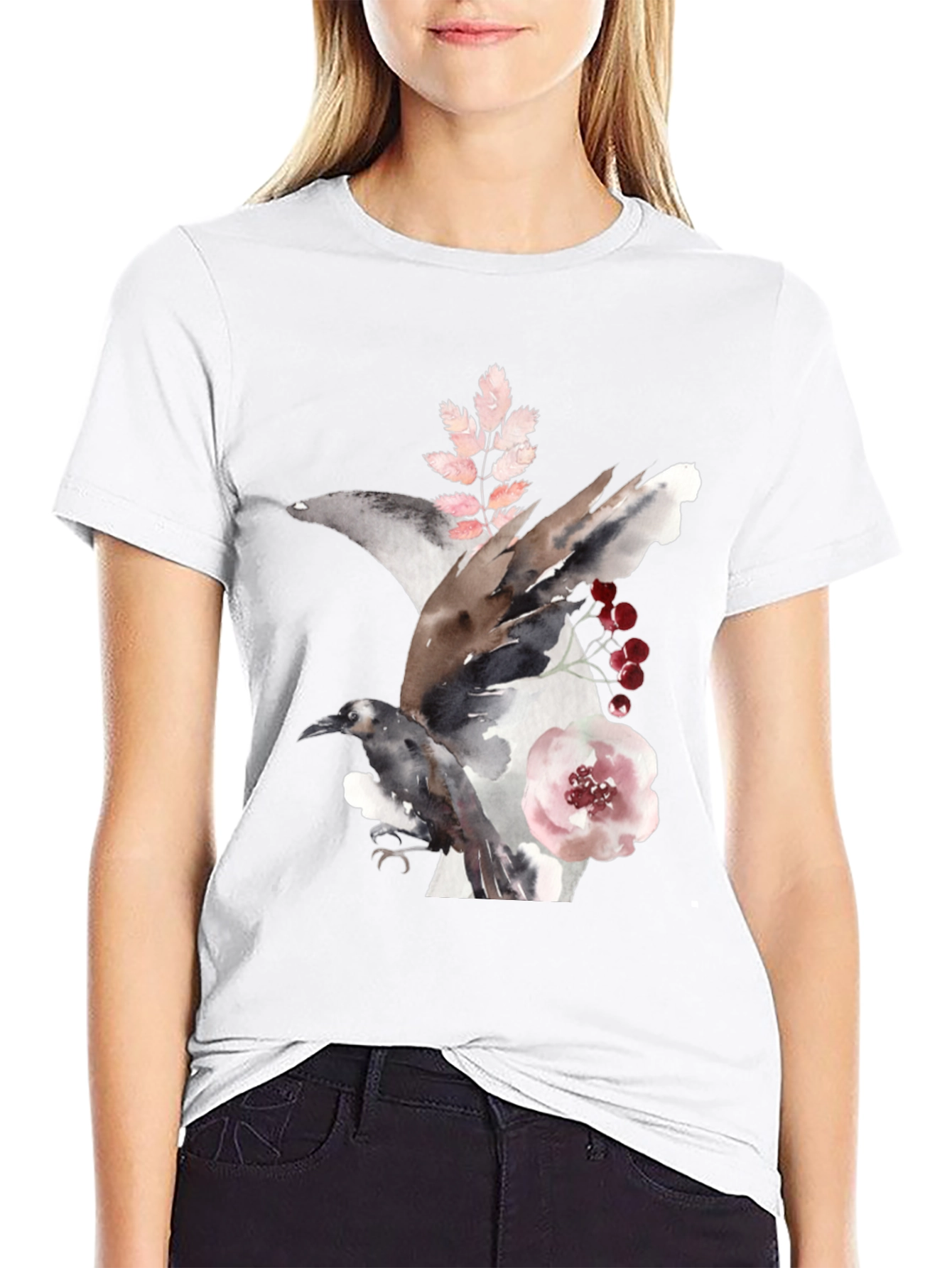 Black Raven & Floral Watercolor Tee view 9
