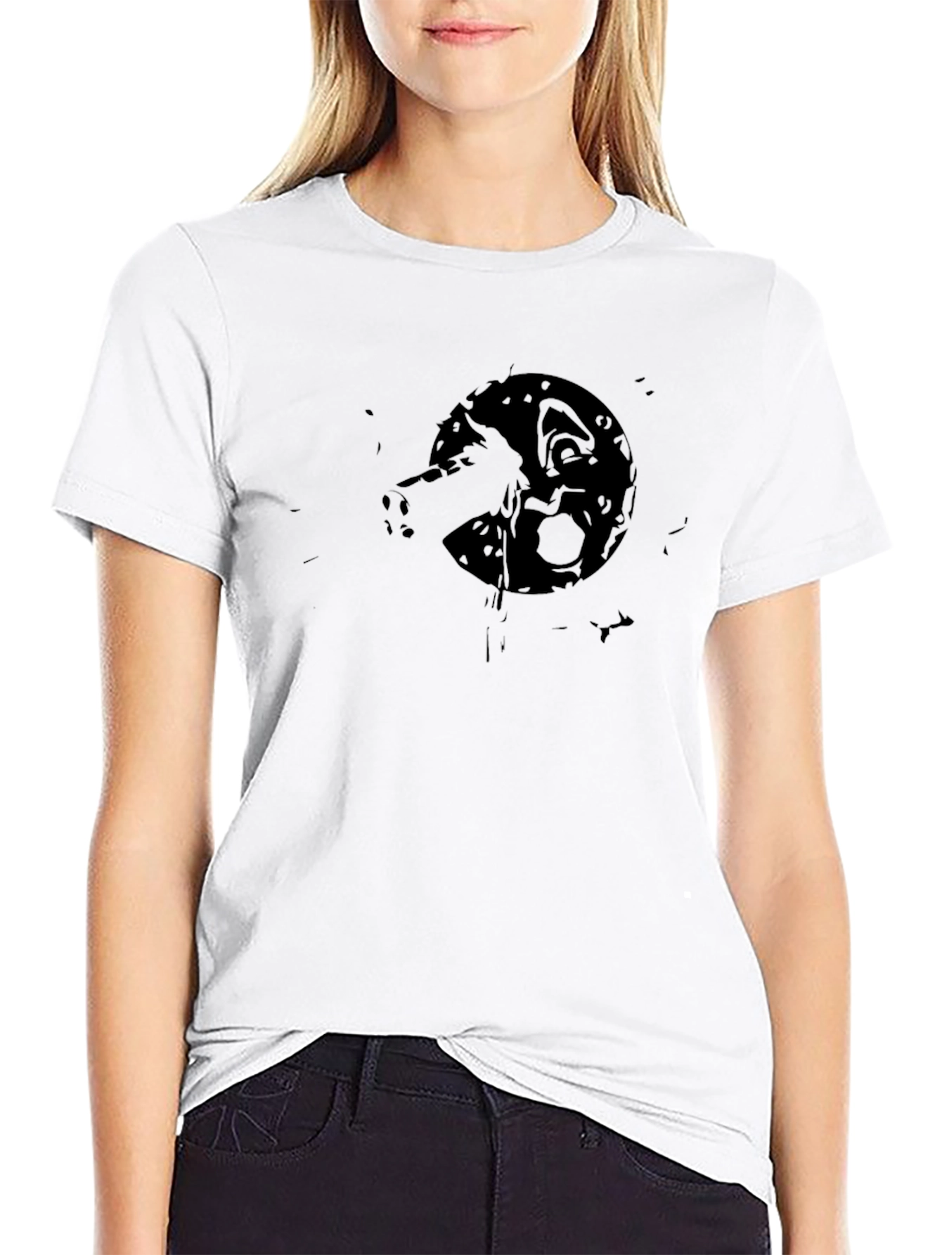 Black Men's Black Graphic Print Tee - Wolf Howling at Moon view 9