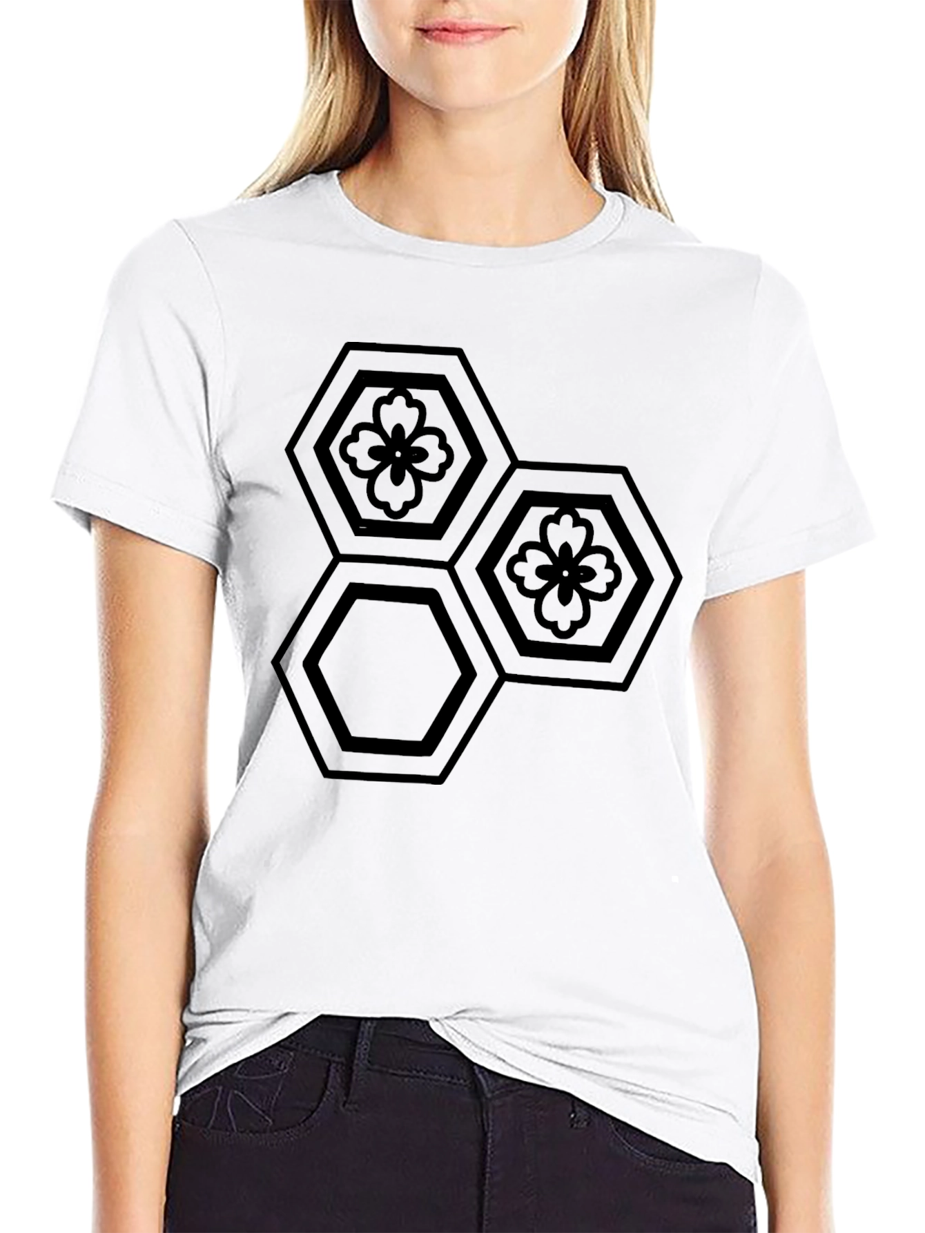 Black Geometric Flower Hexagon T-Shirt view 9