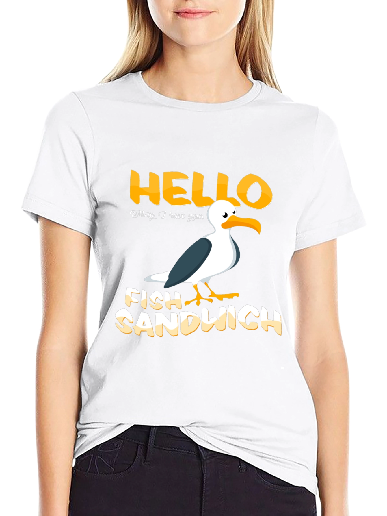Black Hello Fish Sandwich T-Shirt Funny Seagull Humor Tee view 9