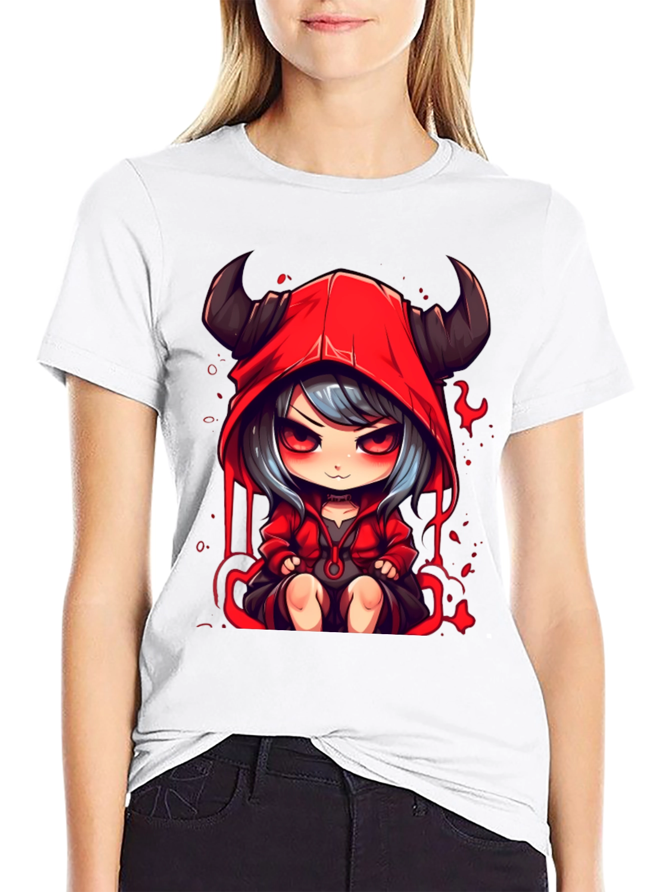 Black Anime Devil Girl Graphic Tee - Black Cotton T-Shirt view 9