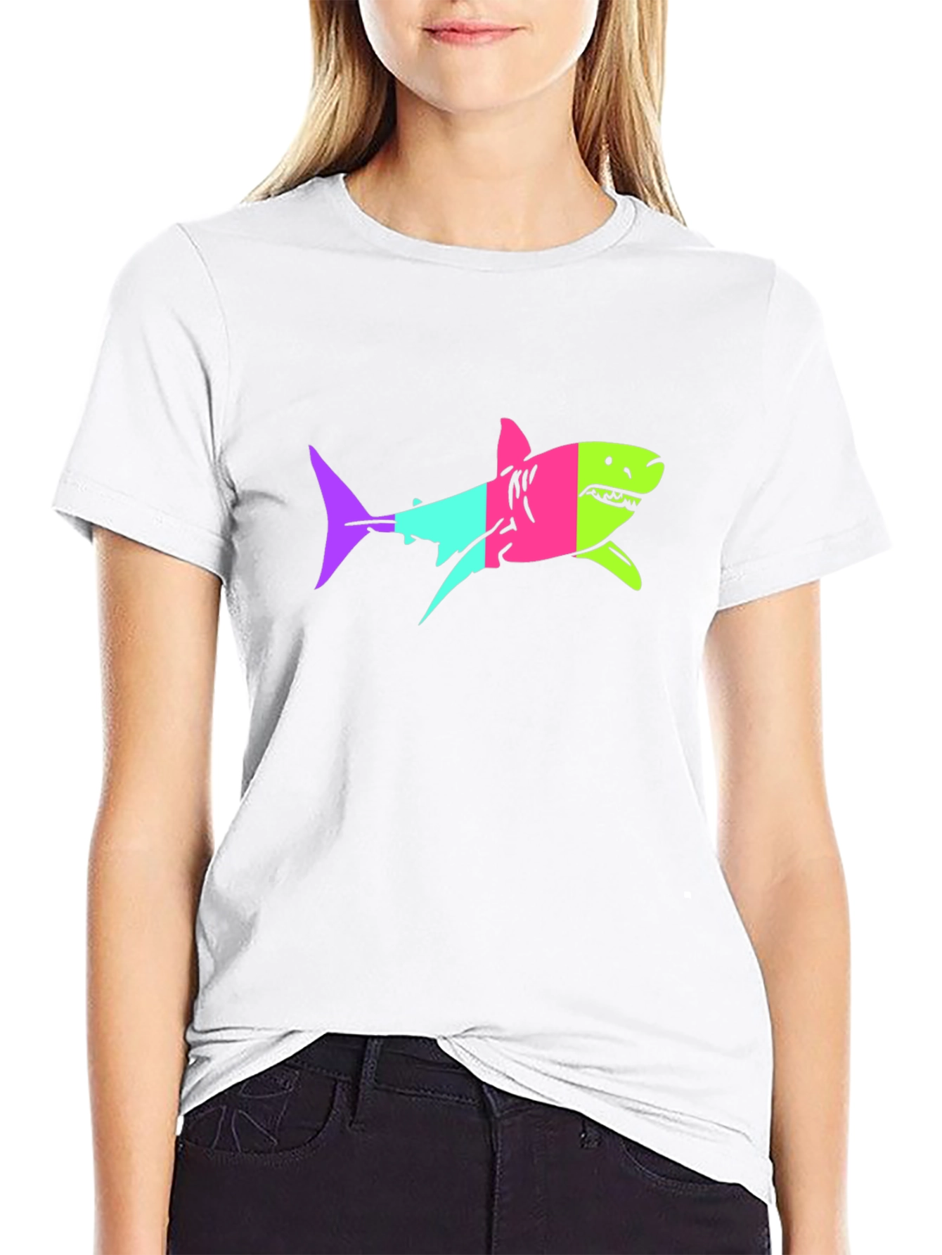 Black Neon Shark Graphic Print Black T-Shirt view 9
