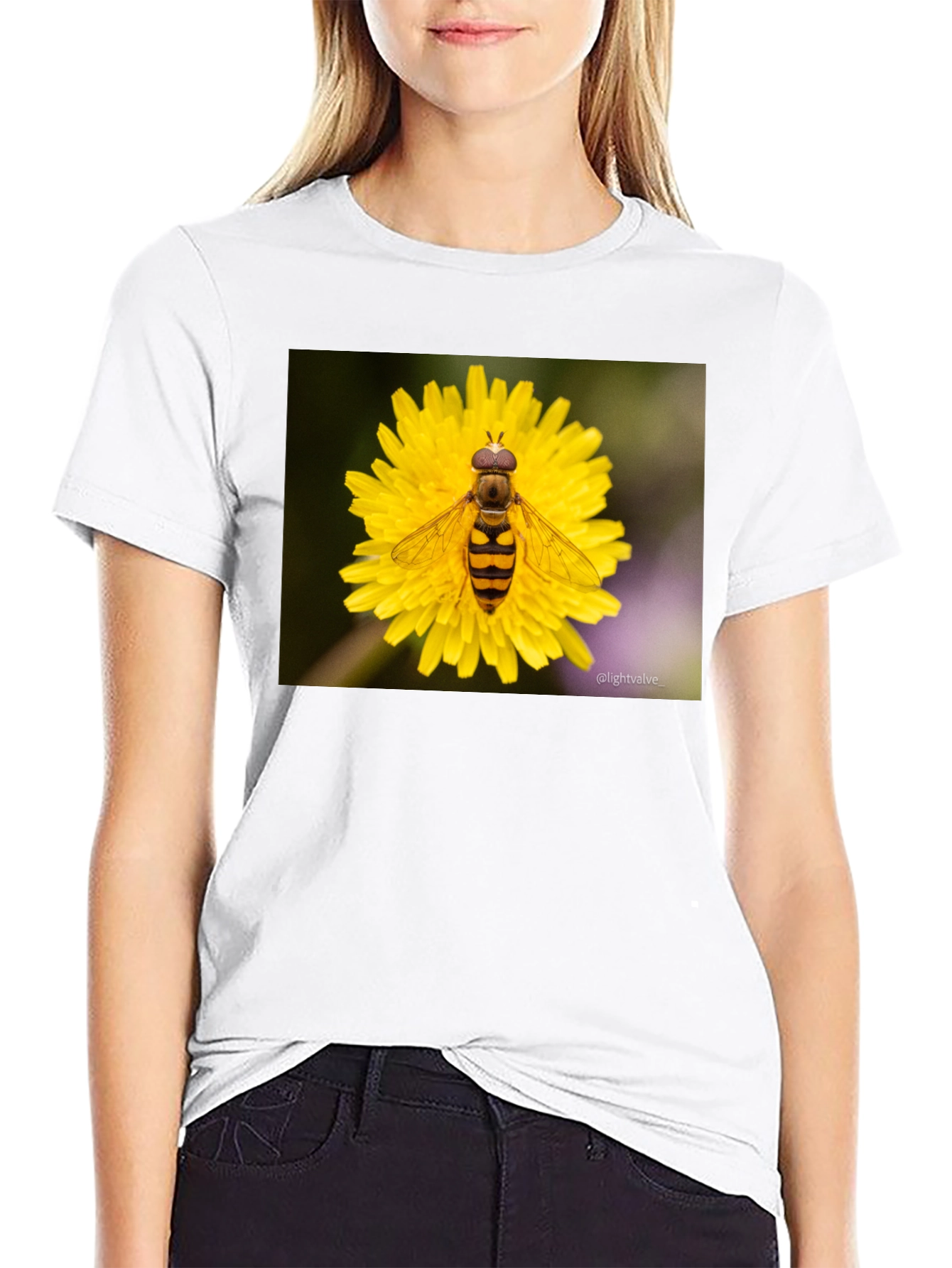 Black Bee on Flower Graphic Tee - Black Cotton T-Shirt view 9