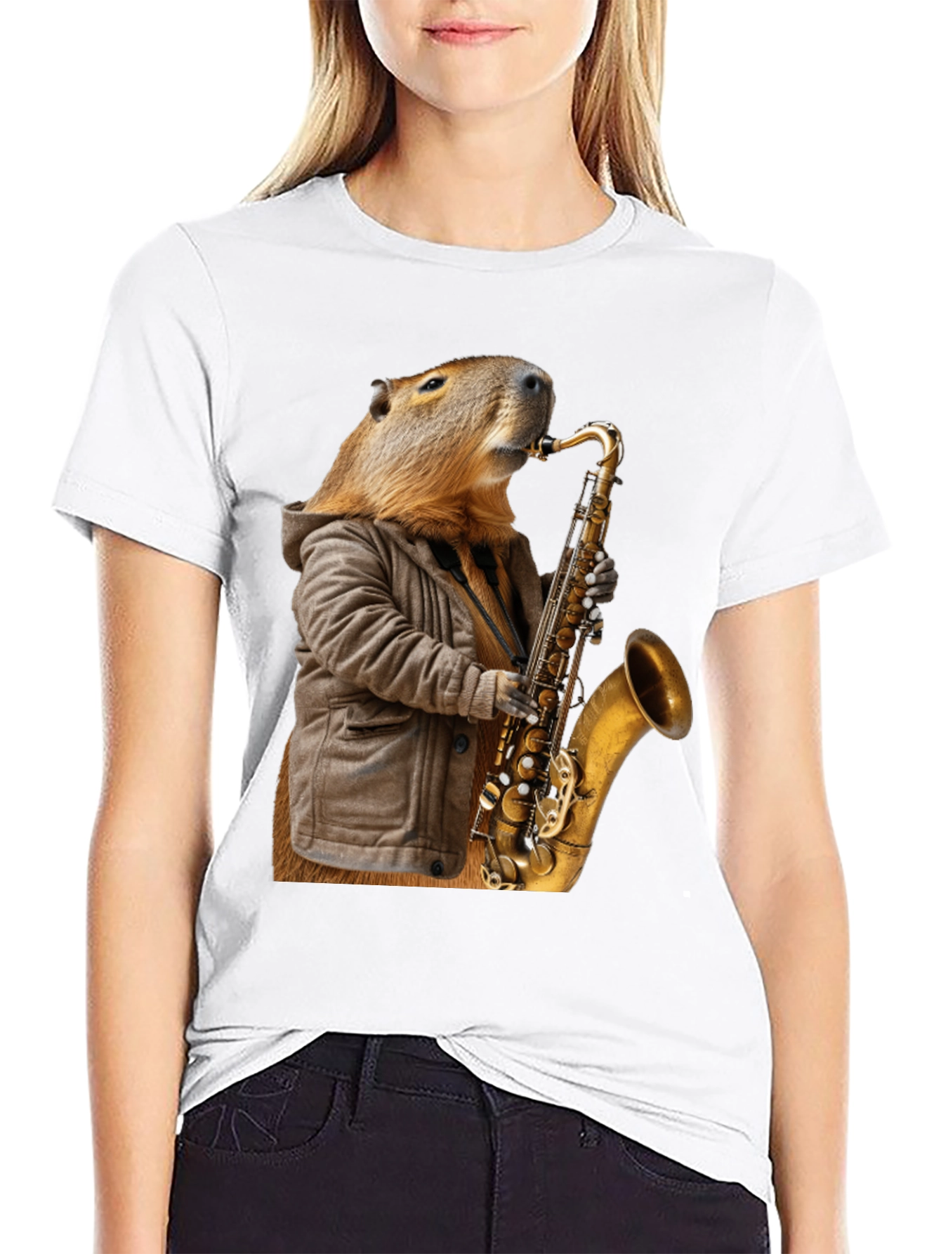Black Capybara Saxophone T-Shirt view 9