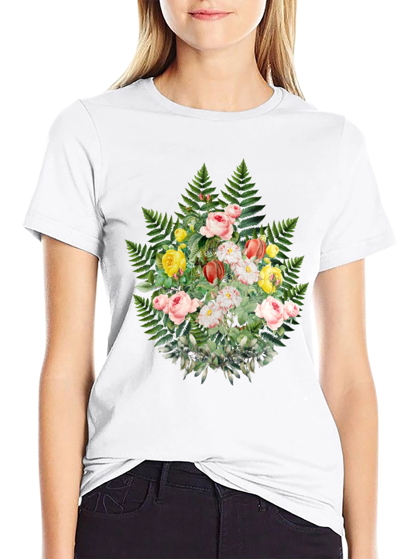 Black Floral Fern Graphic Tee - Stylish Black T-Shirt view 9