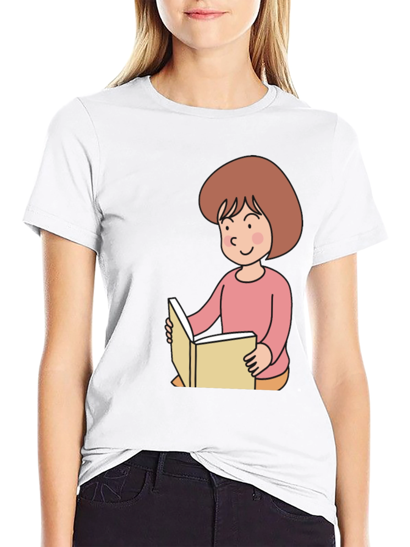 Black Reading Girl Black T-Shirt - Cute Cartoon Design view 9