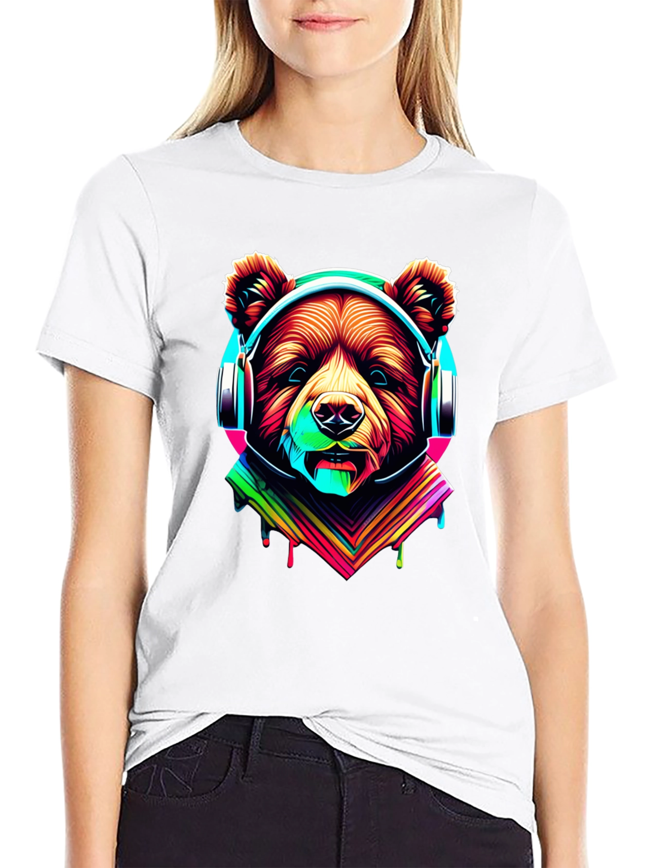 Black Neon Bear Headphones Graphic Tee view 9