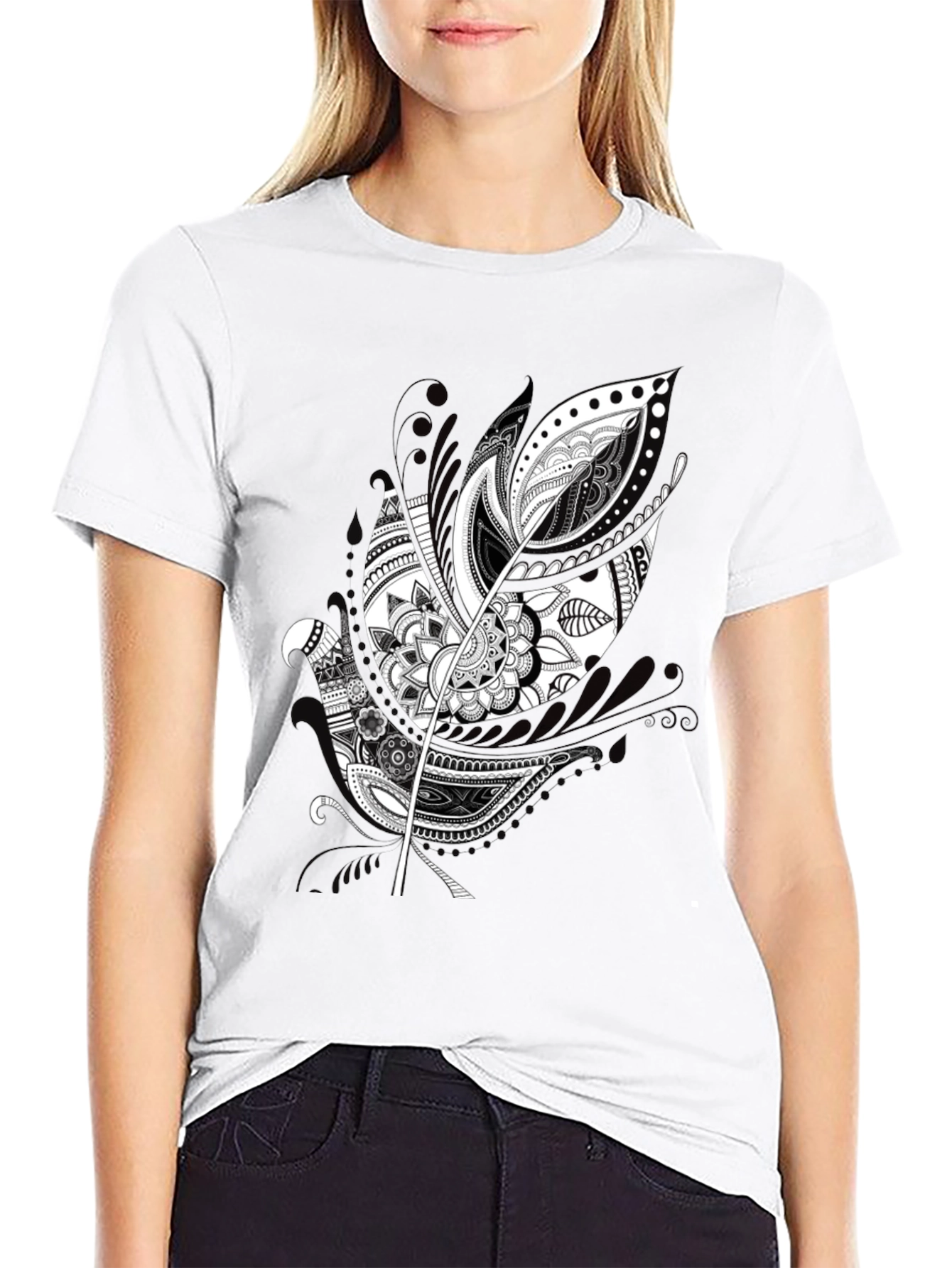 Black Black Graphic Tee - Feather Mandala Design view 9