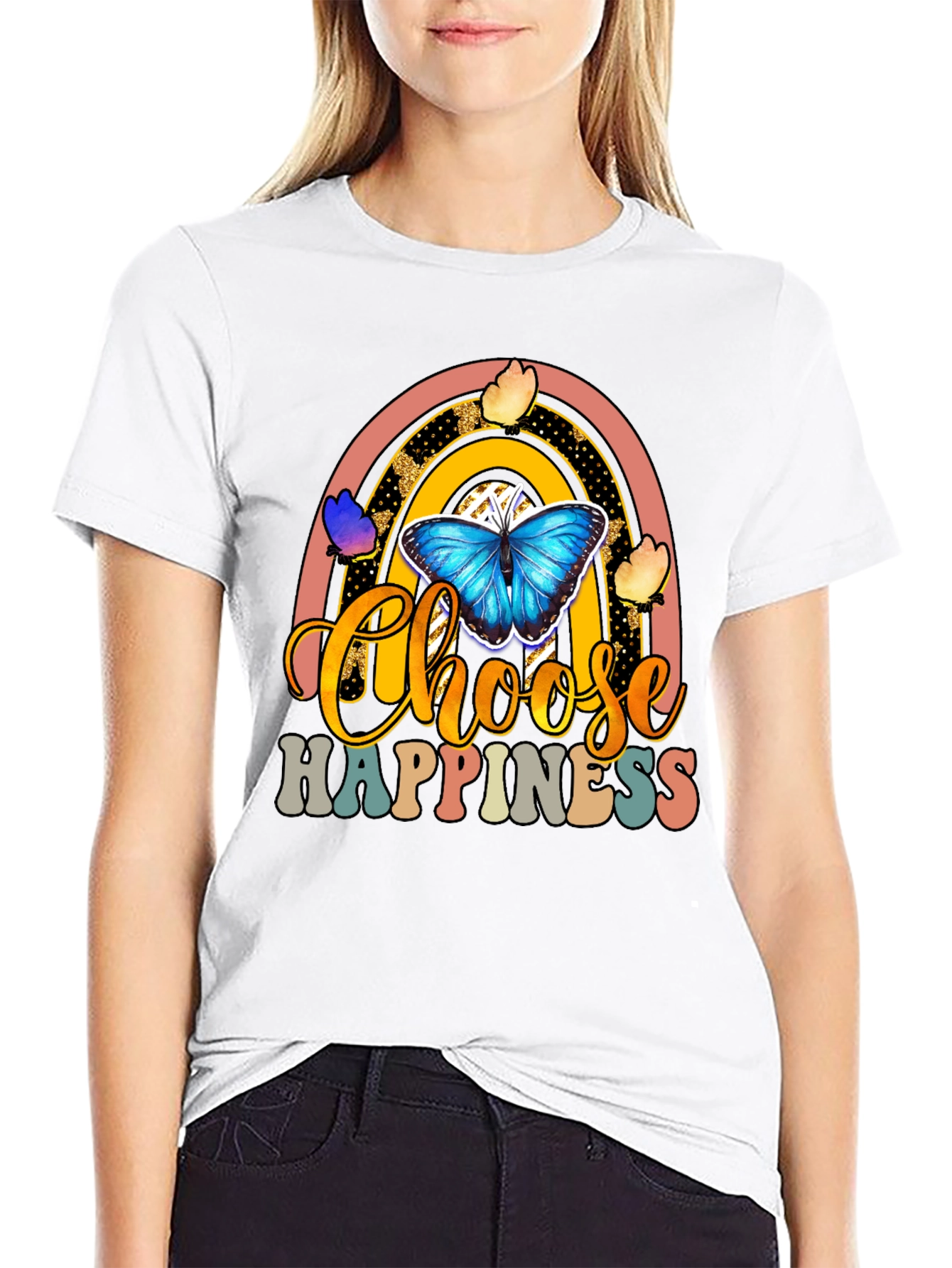 Black Choose Happiness T-Shirt - Butterfly Rainbow Design view 9