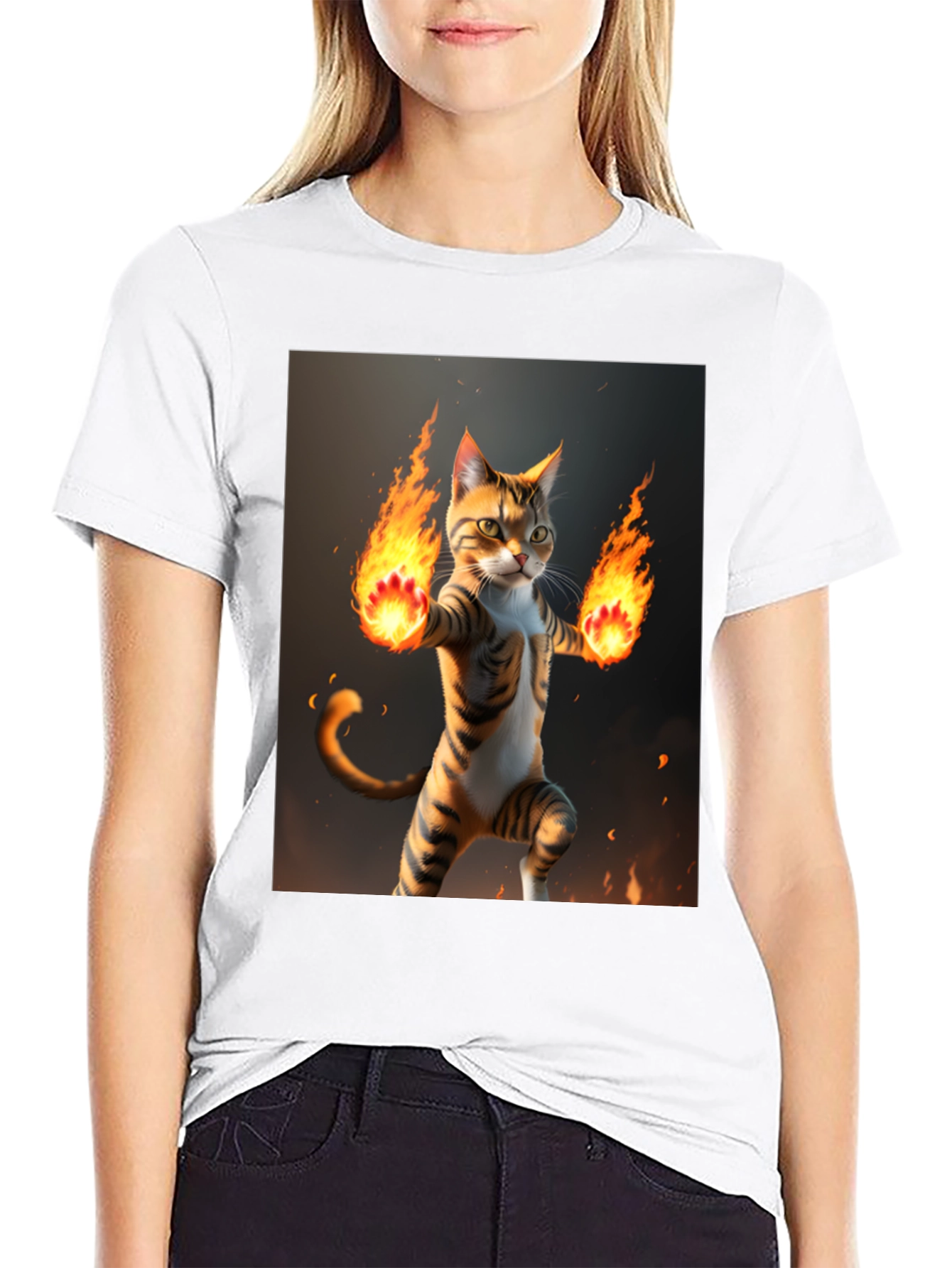 Black Fire Cat Graphic Tee - Black Cotton T-Shirt view 9