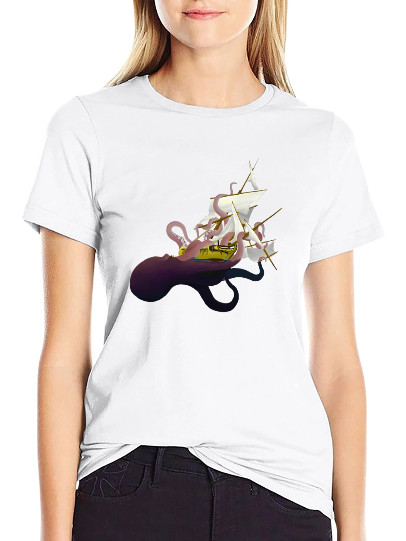Black Octopus Ship Black T-Shirt - Unique Kraken Graphic Tee view 9