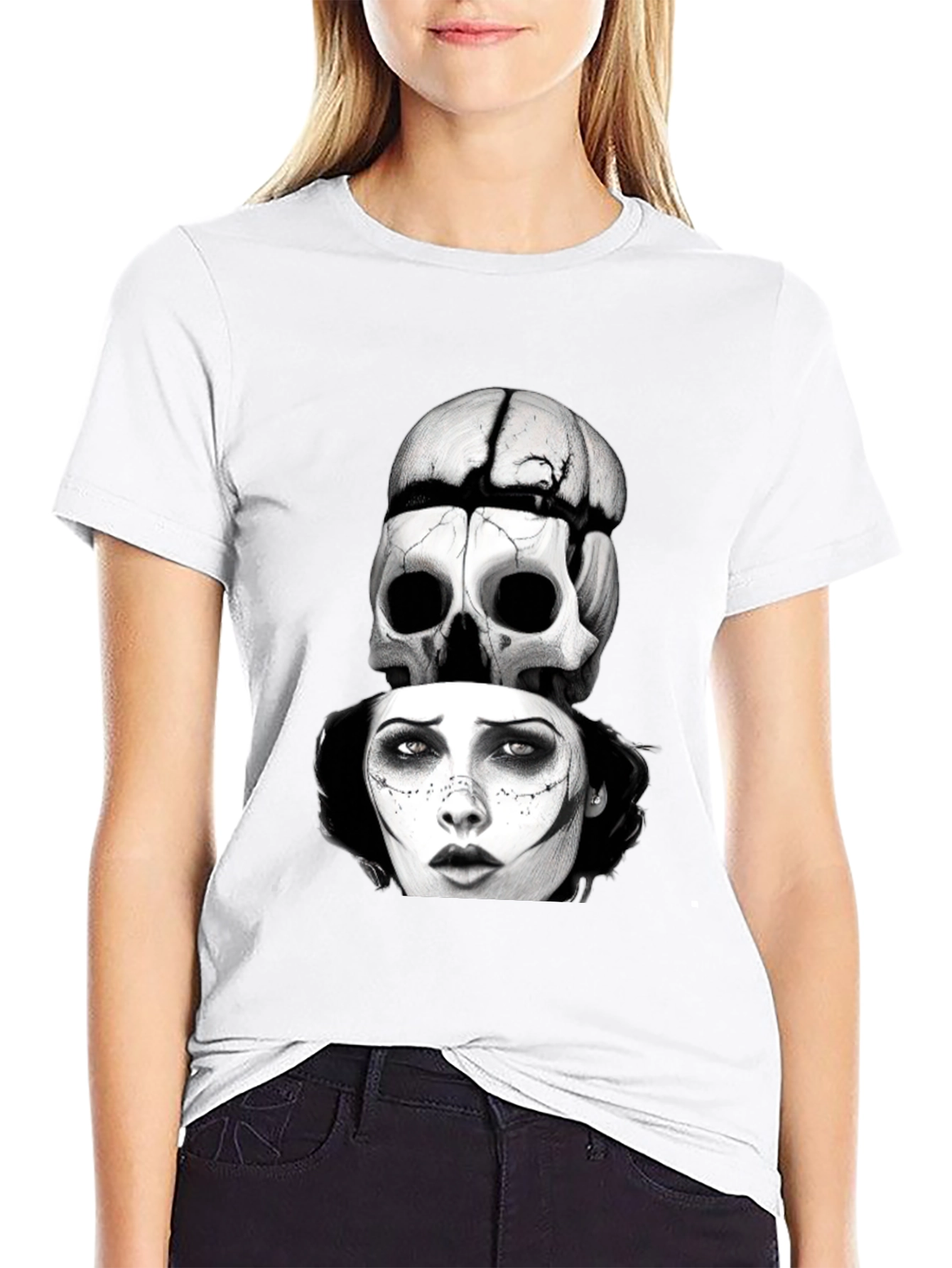 Black Skull & Woman Graphic T-Shirt - Gothic Style view 9