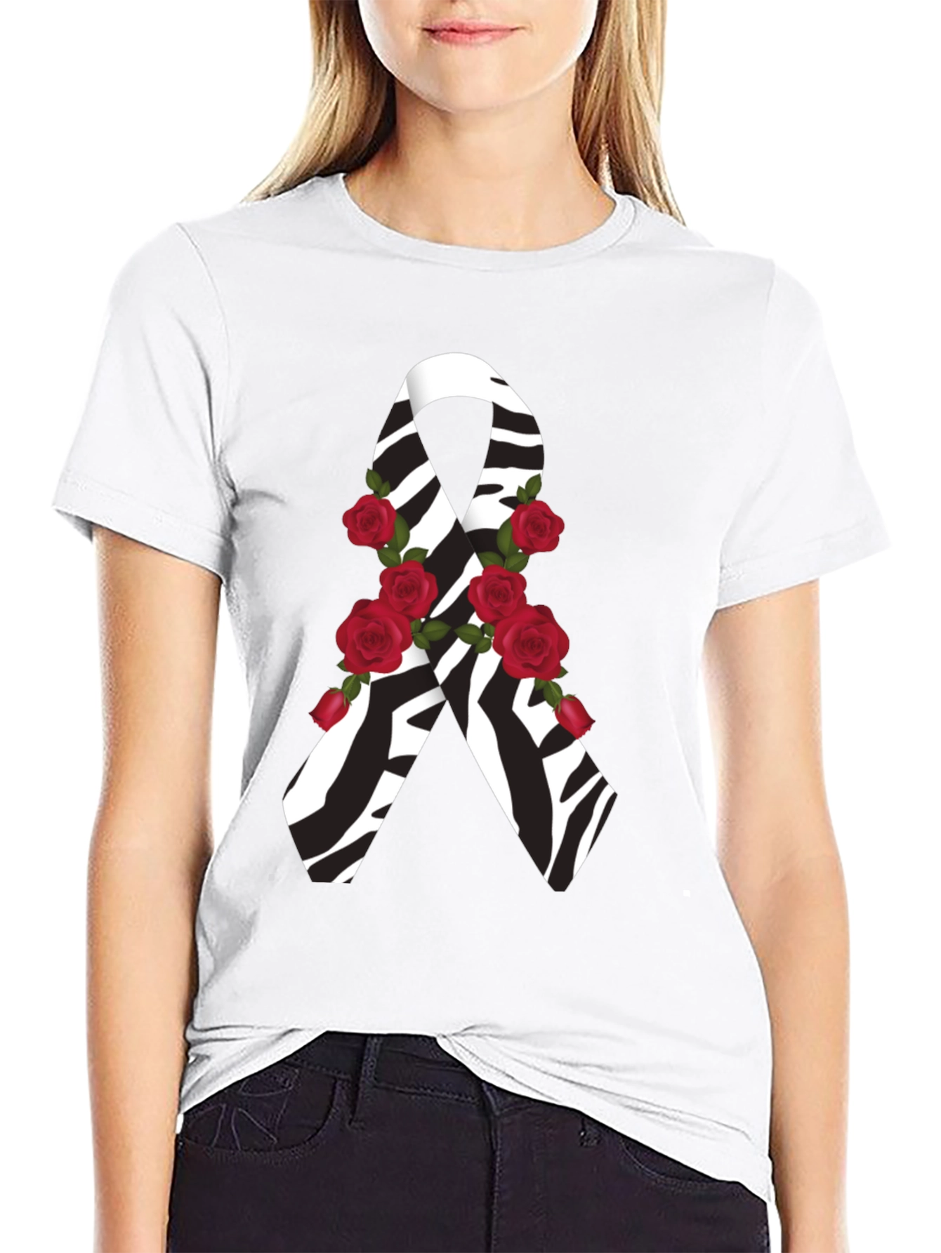 Black Zebra Stripe Awareness Ribbon Rose Graphic Tee view 9