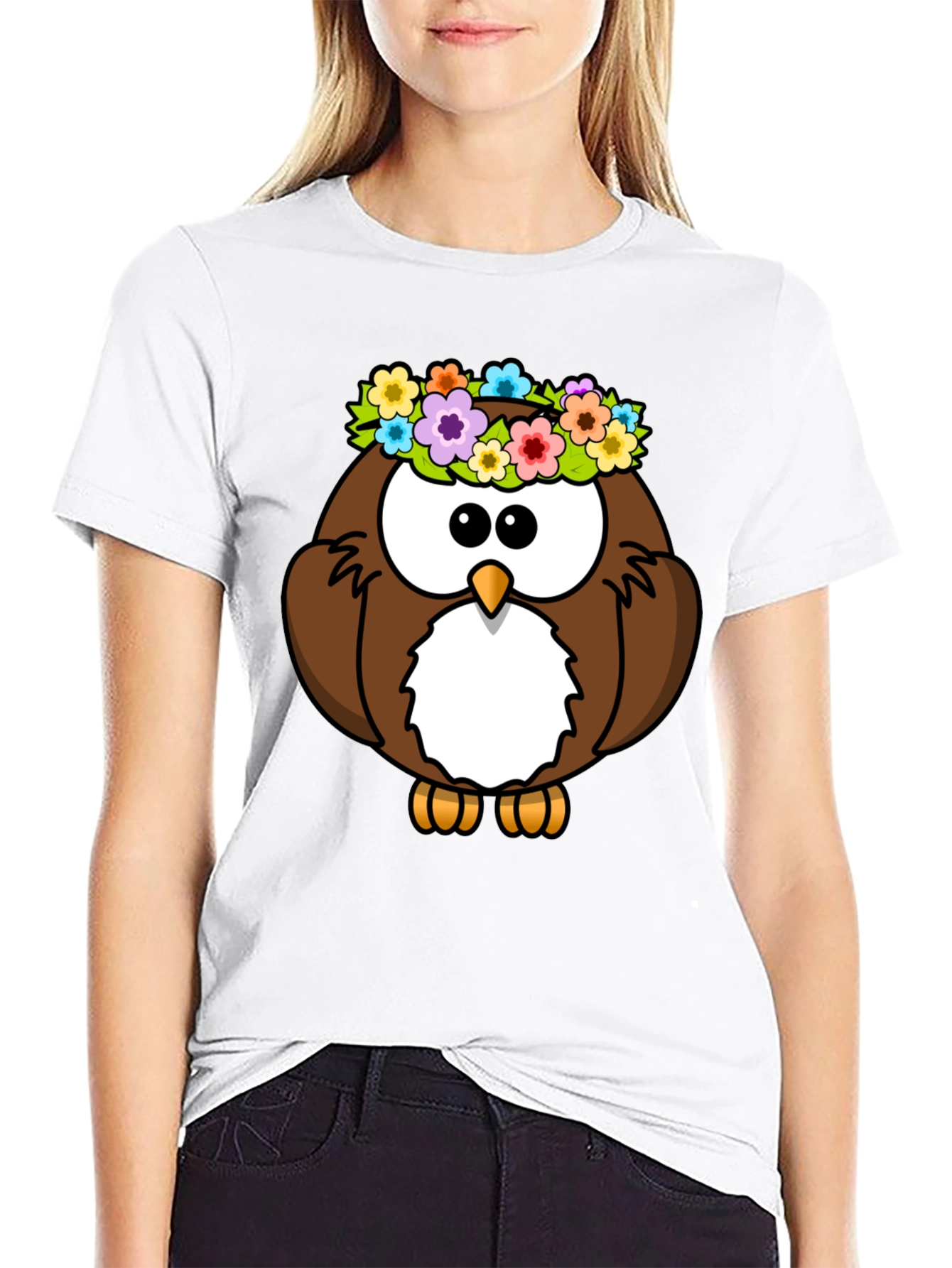 Black Cute Owl with Flowers Graphic Tee - Black Unisex T-Shirt view 9