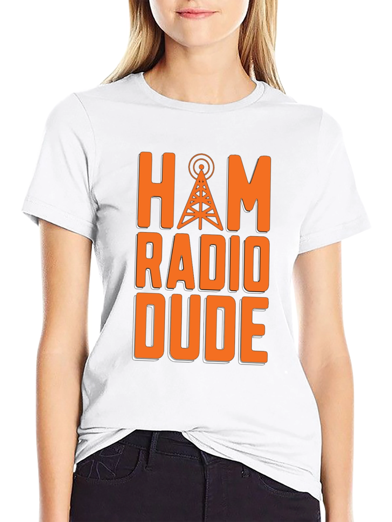 Black Ham Radio Dude T-Shirt - Orange Radio Tower Design view 9