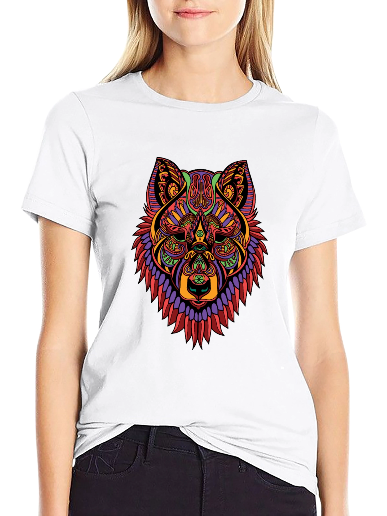 Black Abstract Wolf Head Graphic Black T-Shirt view 9