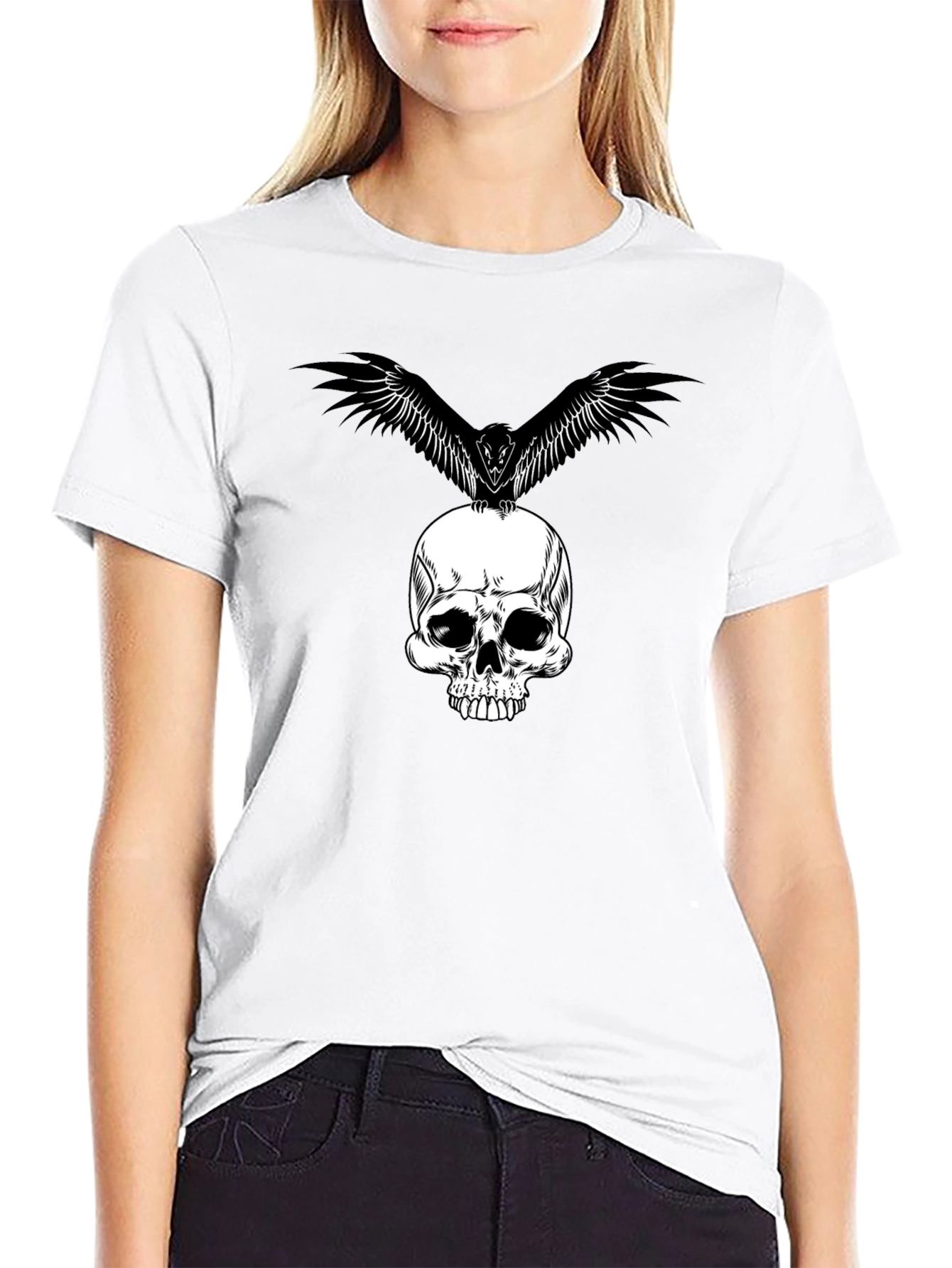 Black Skull & Raven Graphic Tee - Black Cotton T-Shirt view 9