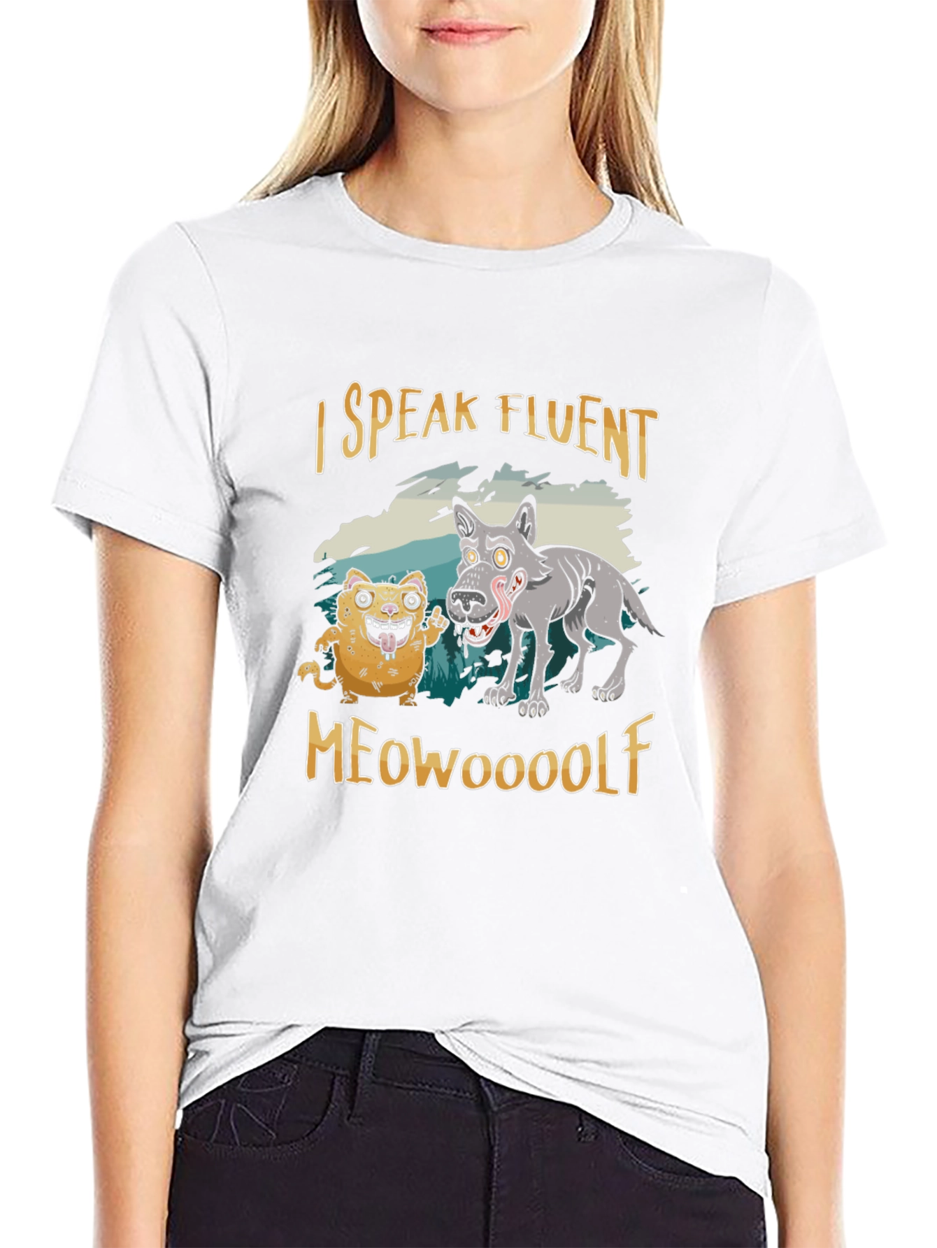 Black I Speak Fluent Meowooolf Funny Novelty T-Shirt view 9