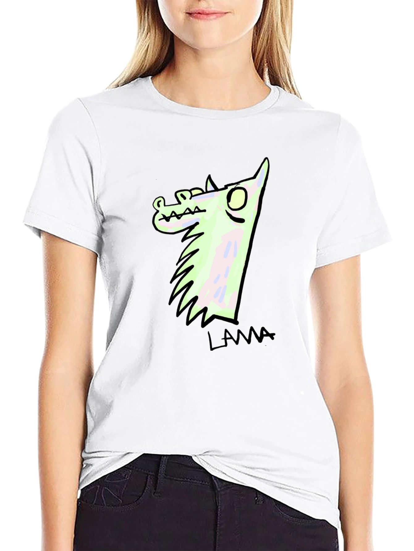 Black Llama Cartoon Graphic Print Black T-Shirt view 9