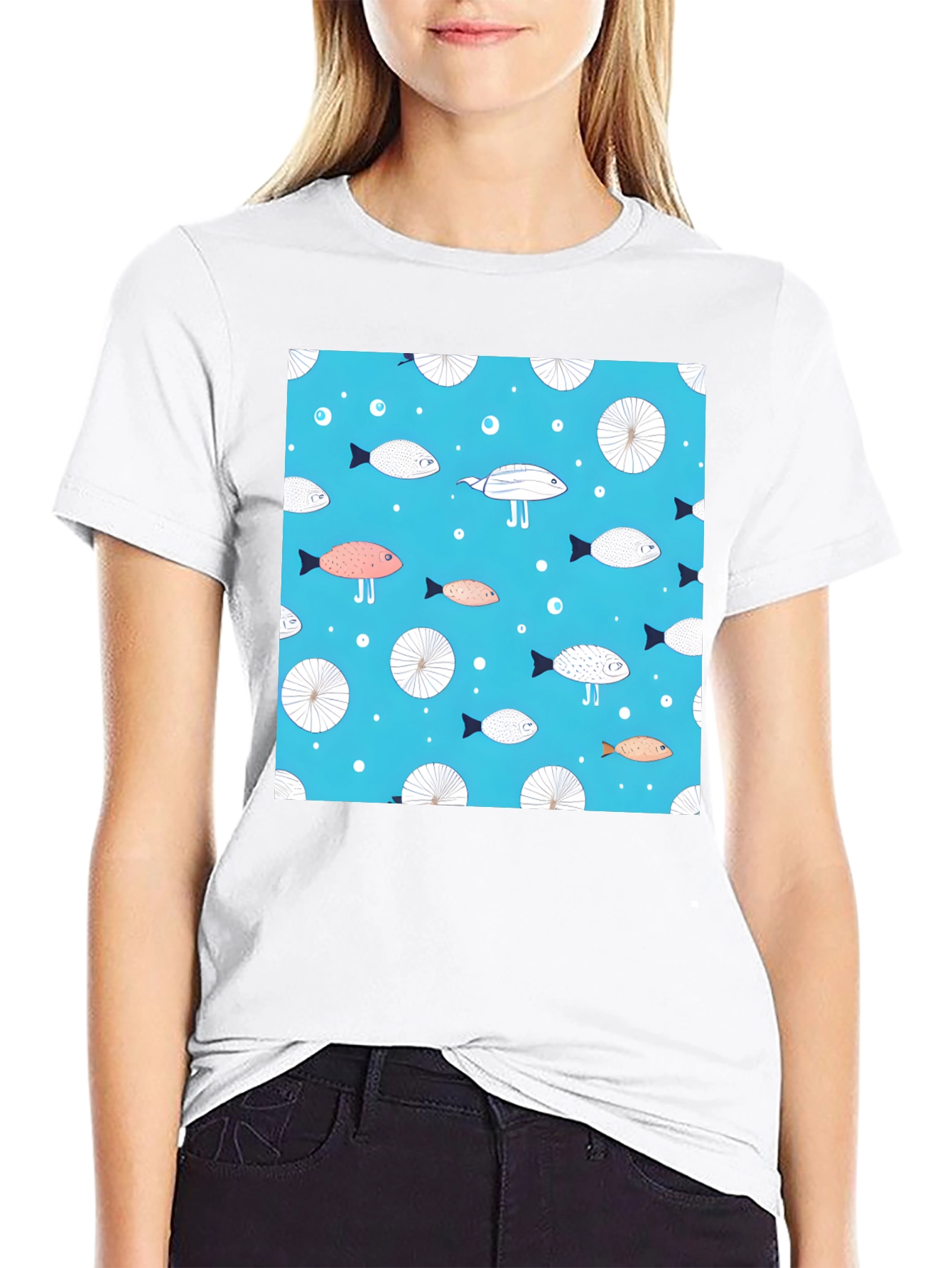 Black Fun Fish Pattern Tee - Unique Aquatic Design view 9