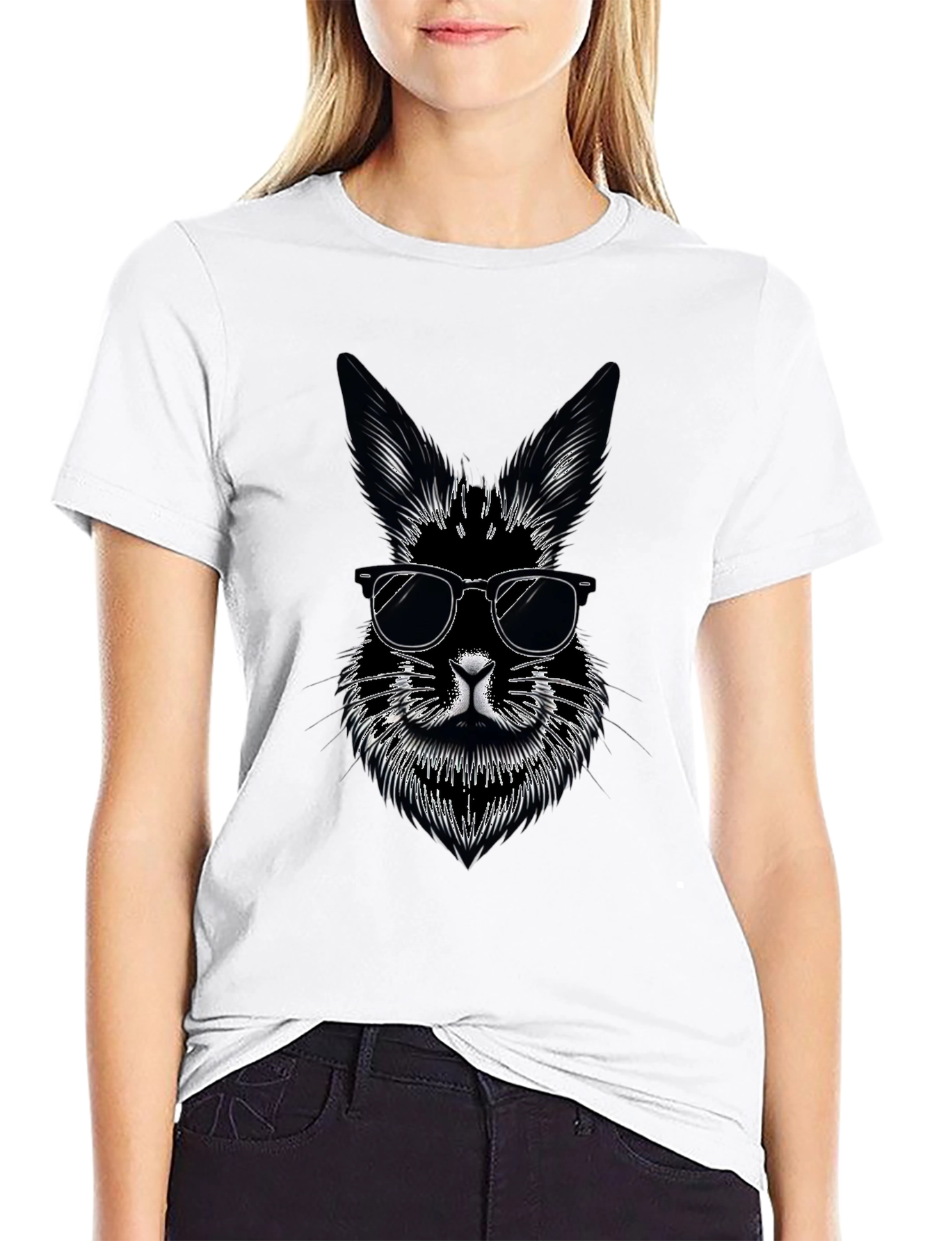 Black Cool Rabbit Graphic Tee - Black Cotton T-Shirt view 9