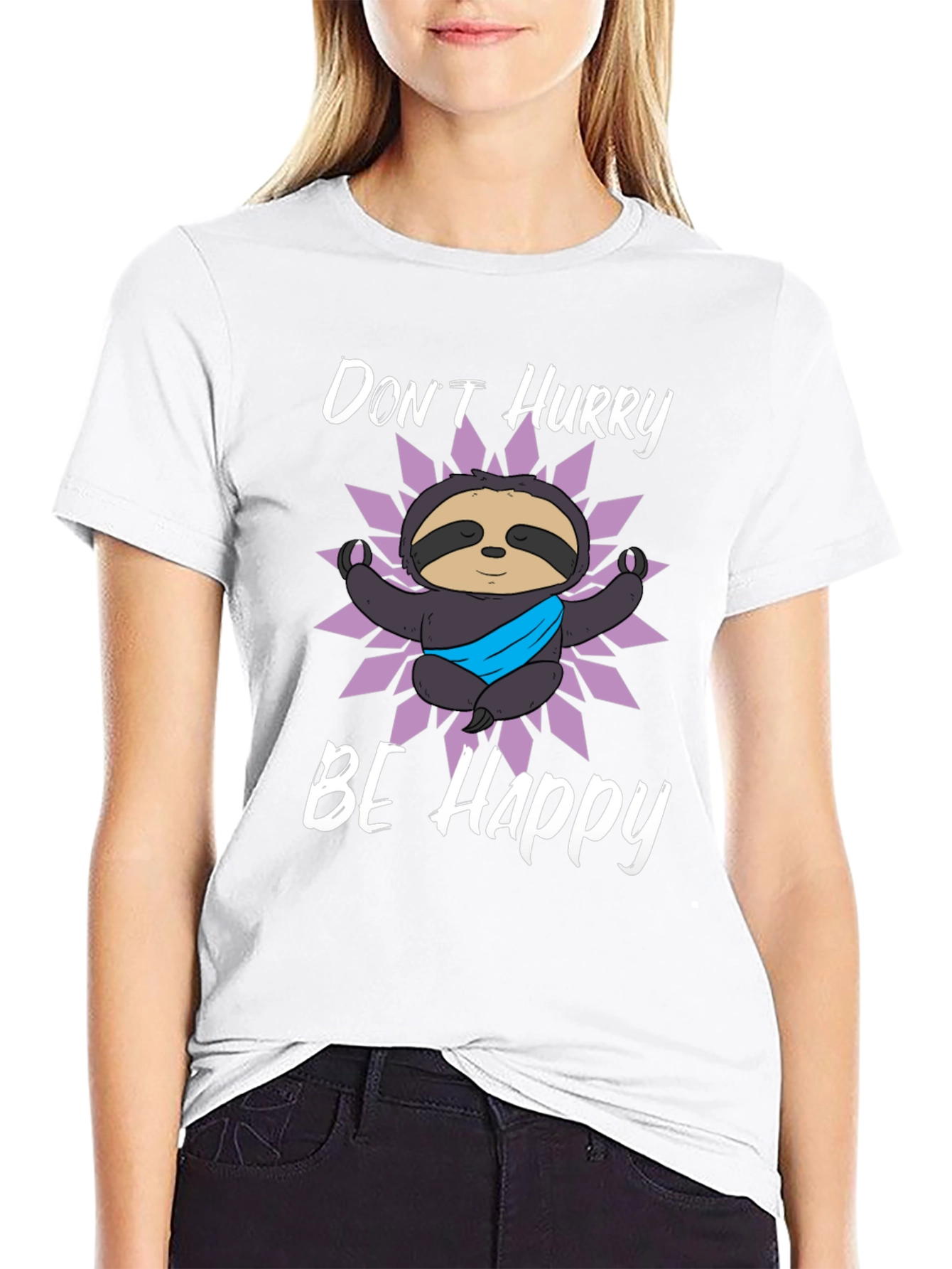 Black Don't Hurry Be Happy Sloth Graphic T-Shirt view 9