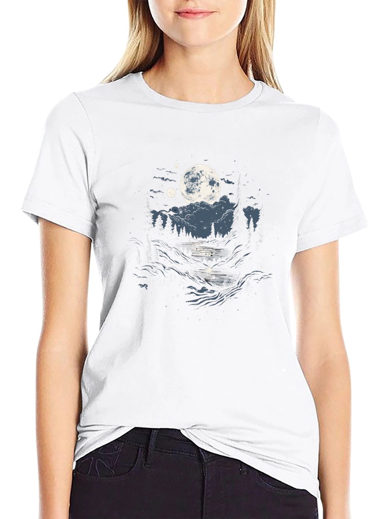 Black Moonlit River Graphic Tee - Nature Inspired T-Shirt view 9