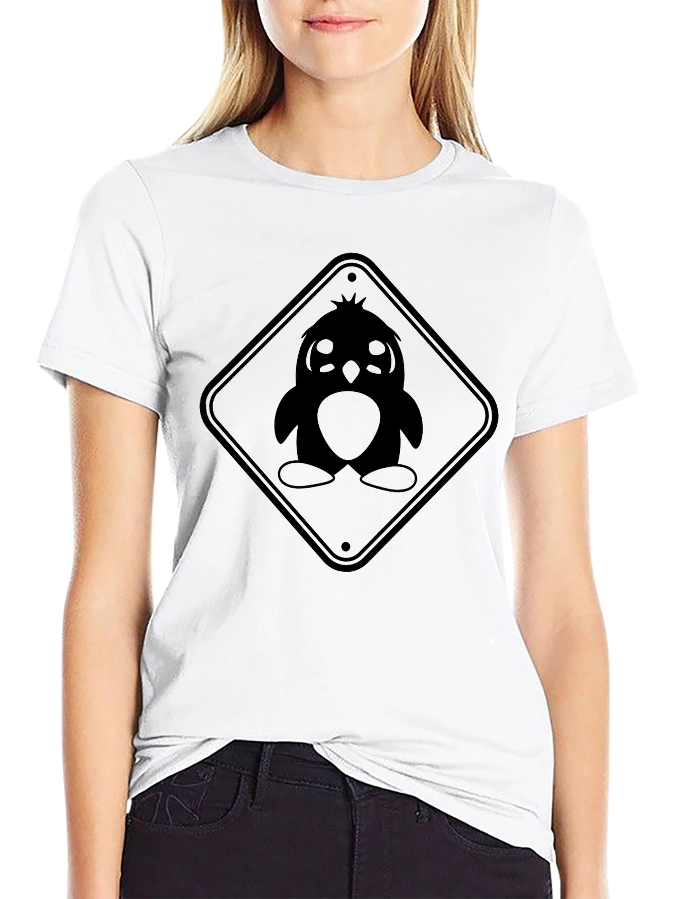 Black Penguin Caution Sign Graphic Tee - Unisex Black T-Shirt view 9