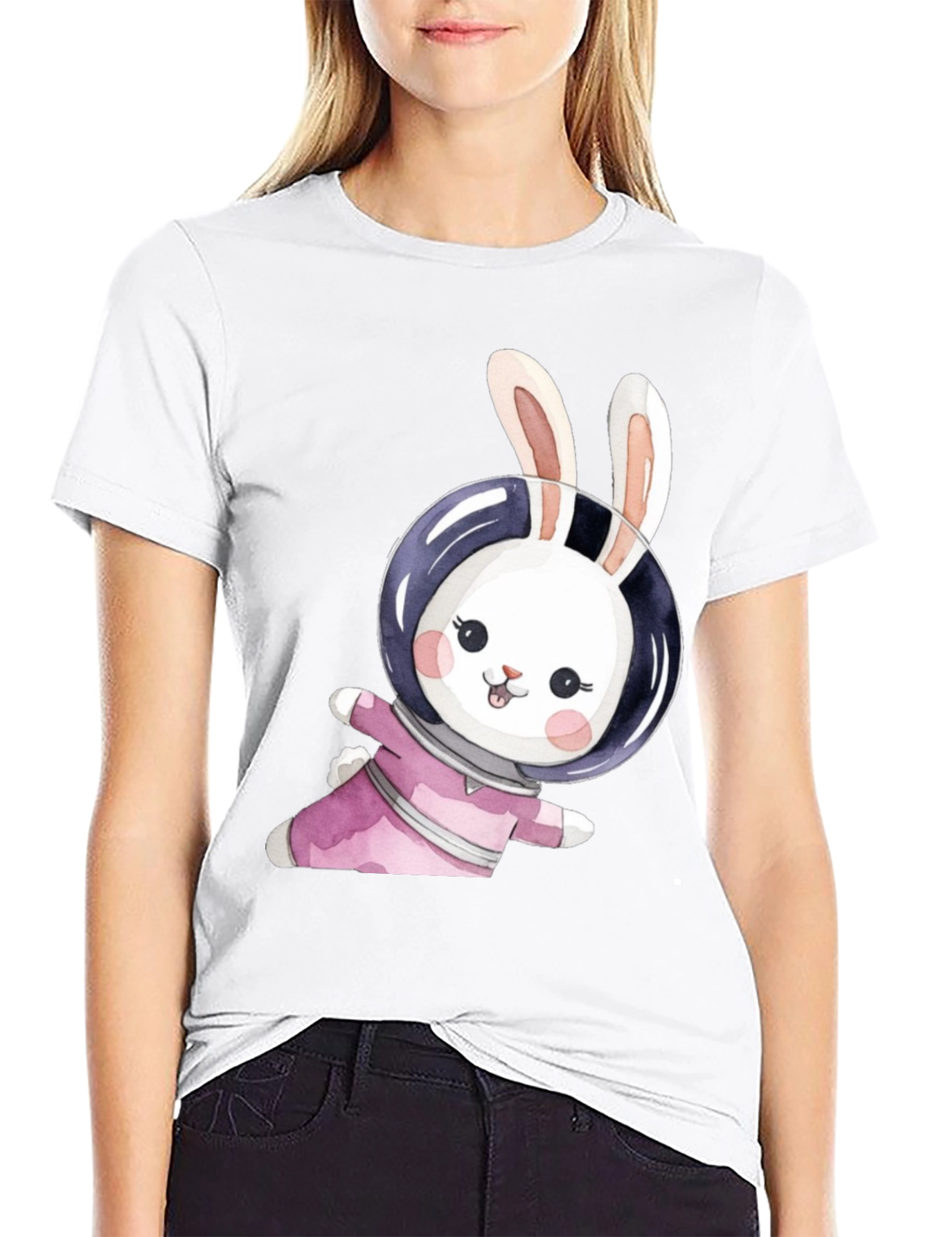 Black Cute Bunny Astronaut Black T-Shirt view 9
