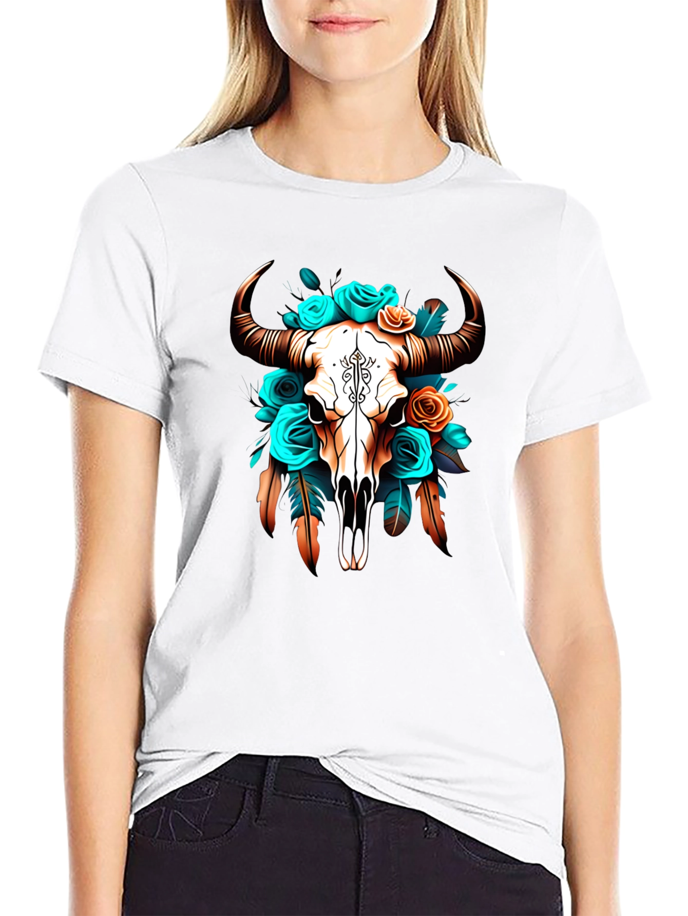 Black Floral Bull Skull Graphic Tee - Western Style view 9