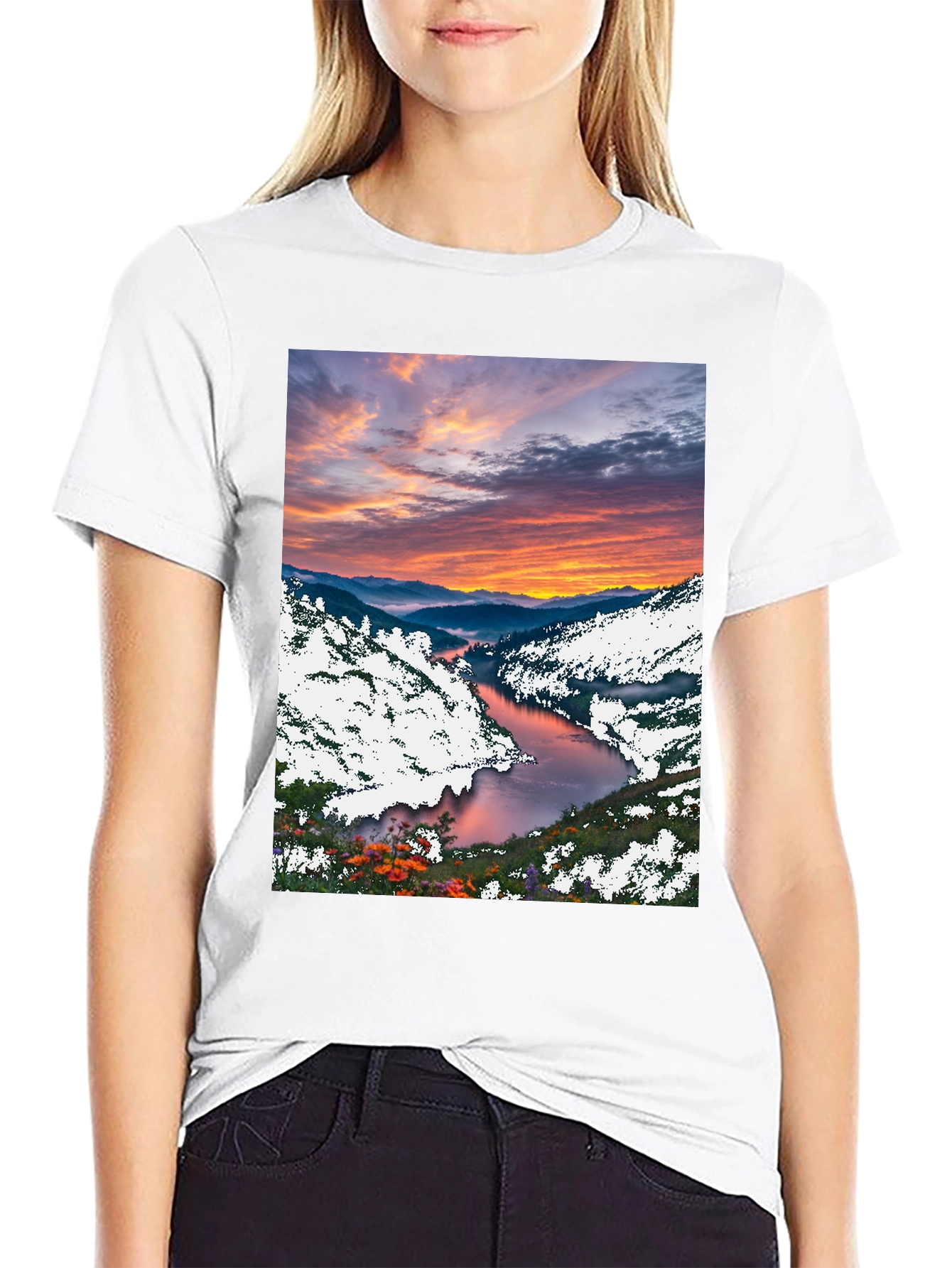 Black Scenic River Sunset T-Shirt view 9