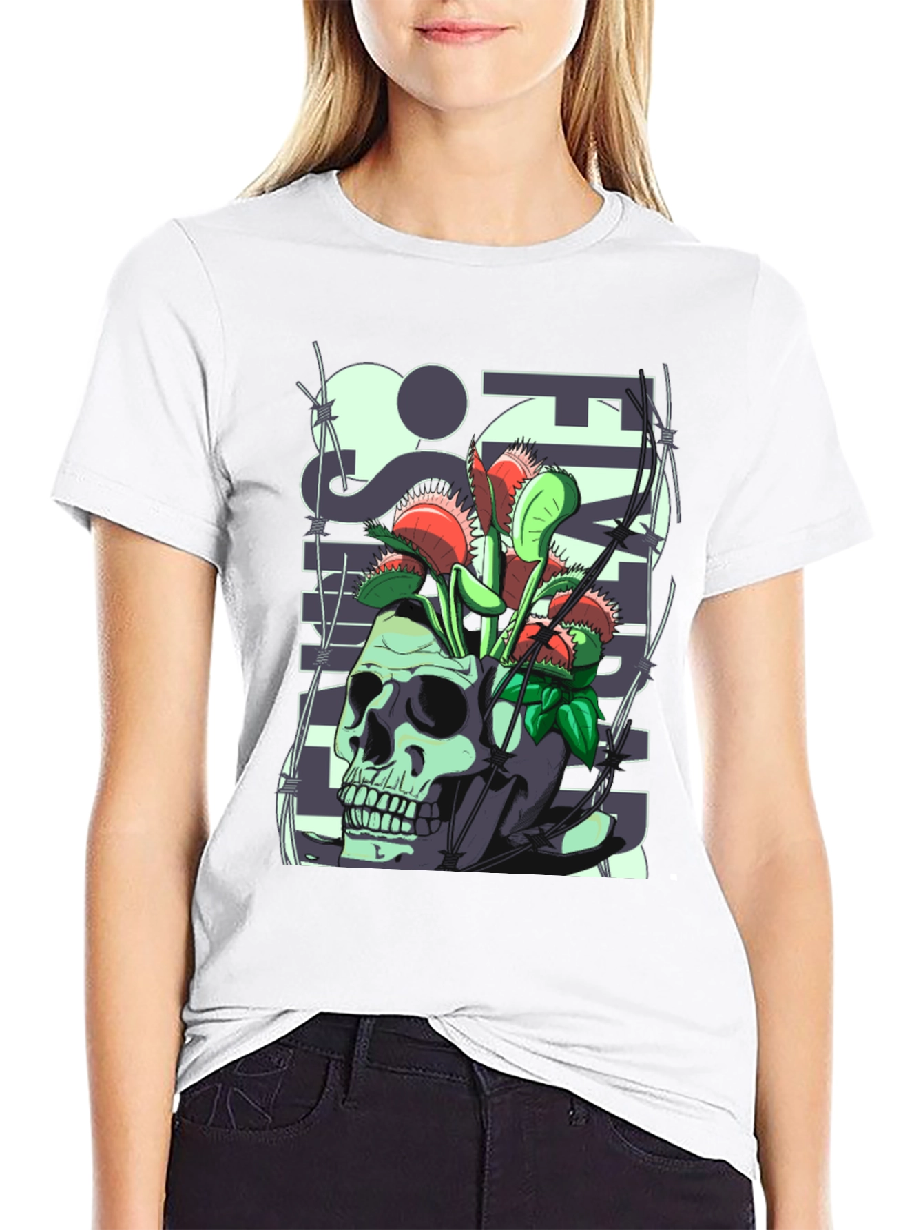 Black Skull & Venus Flytrap Graphic Tee - Unique Design view 9