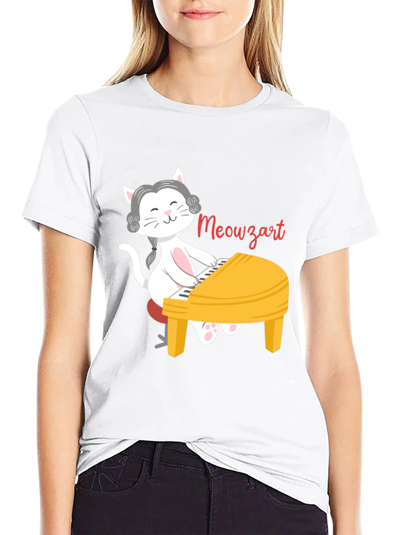 Black Meowzart Cat Playing Piano T-Shirt view 9