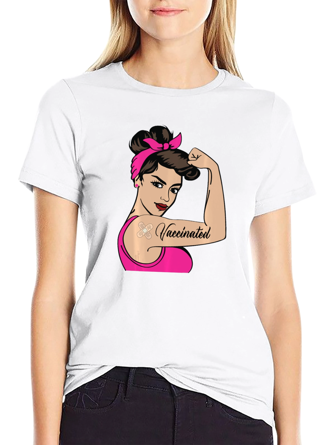 Black Vaccinated Woman T-Shirt - Black Crew Neck Tee view 9